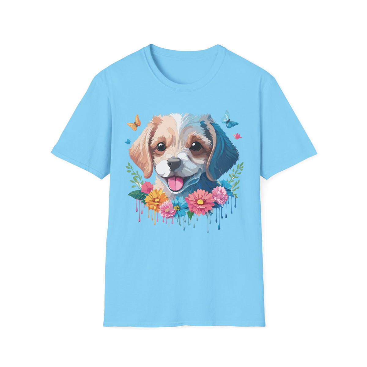 Happy Puppy Face T-Shirt | Cute Dog Portrait, Flowers & Butterflies