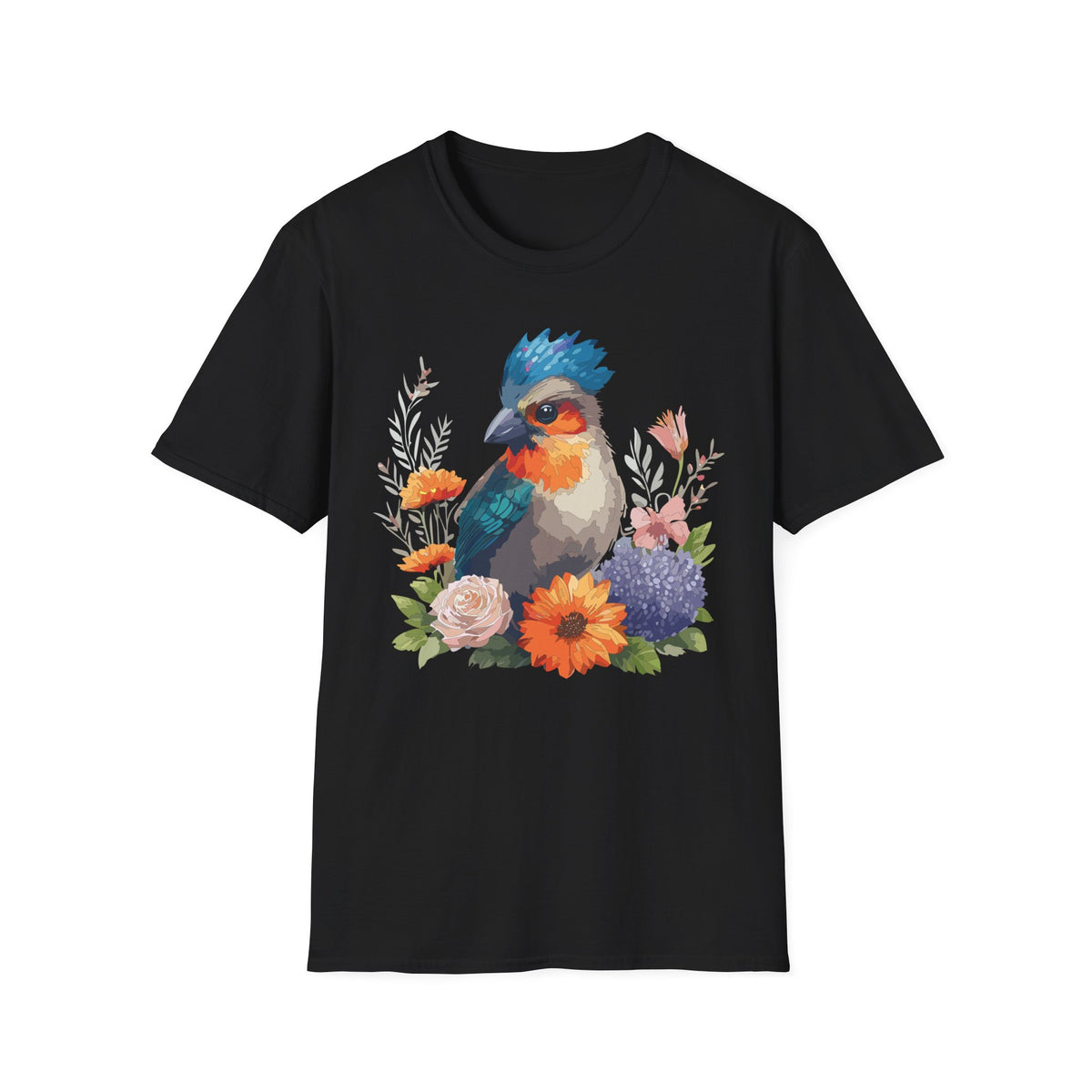 Colorful Crested Bird T-Shirt | Watercolor Floral Illustration
