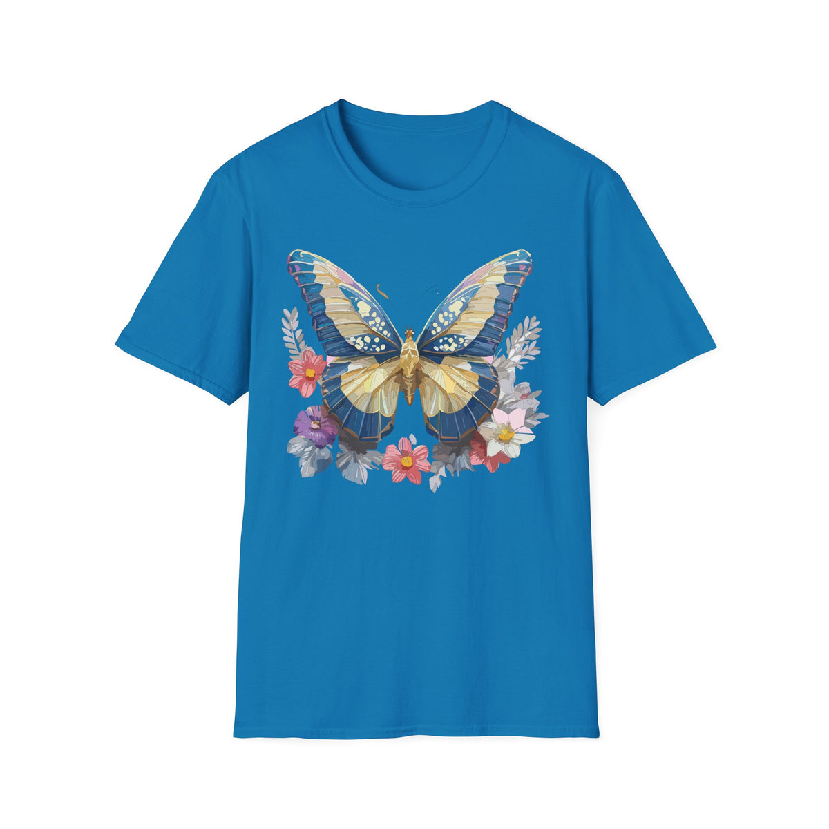 Blue Yellow Butterfly T-Shirt | Floral Wings Nature Graphic Tee Unisex 100 Cotton Gildan T-Shirt