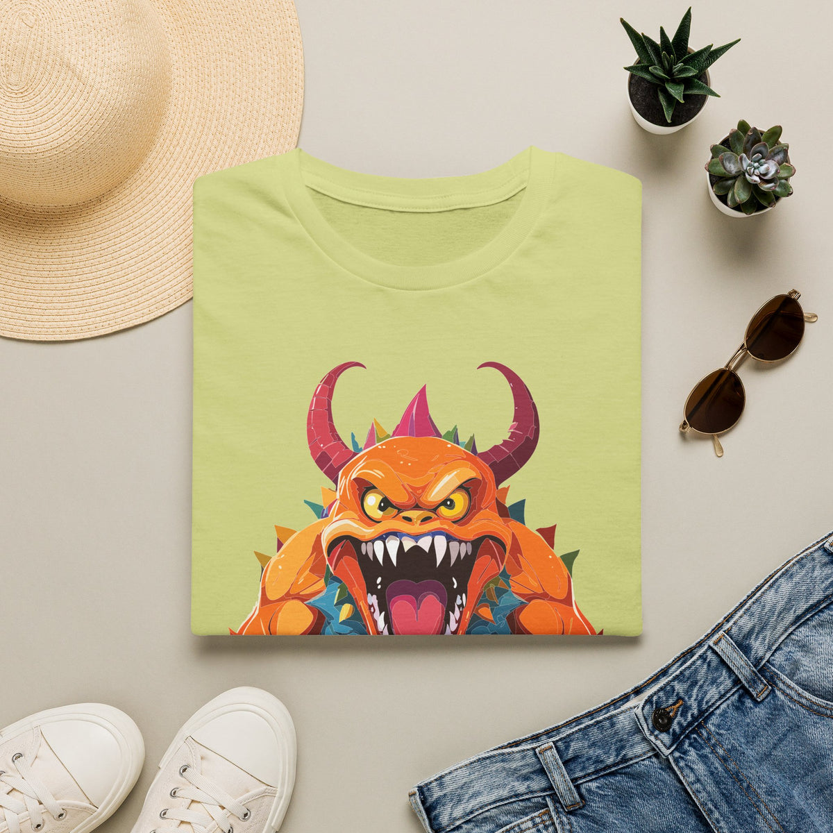 Monster Graphic T-Shirt — Fierce Orange Demon Design Cartoon Graphic Tee Unisex 100 Cotton Gildan T-Shirt