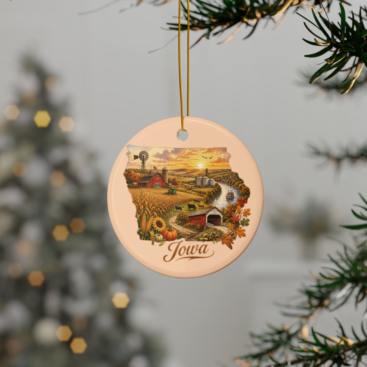 Iowa Farm Scene Ceramic Ornament | Round Double-Sided Land Of Corn - 2.99" Includes Gold String