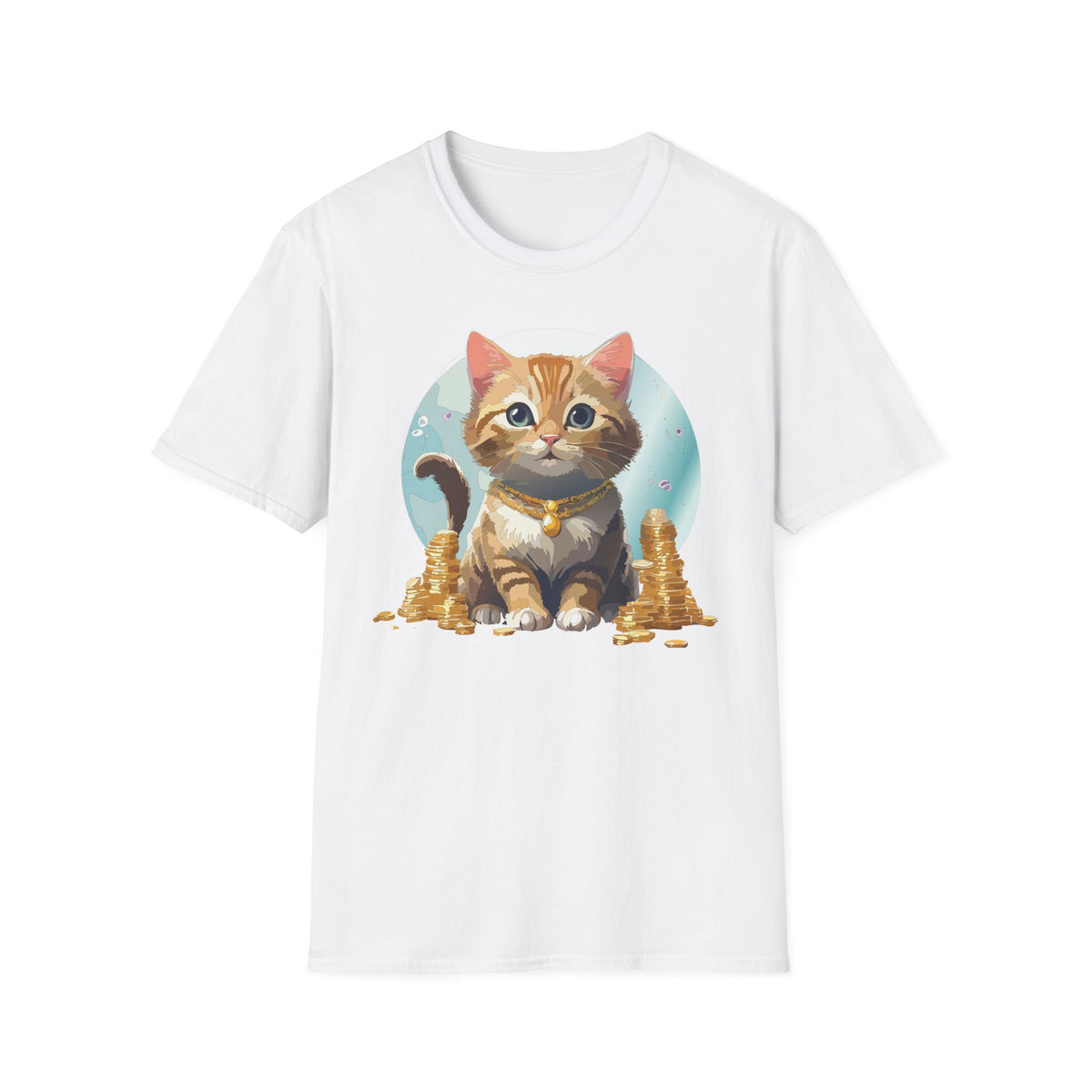 Lucky Cat Illustration T-Shirt | Cute Kitten with Coins