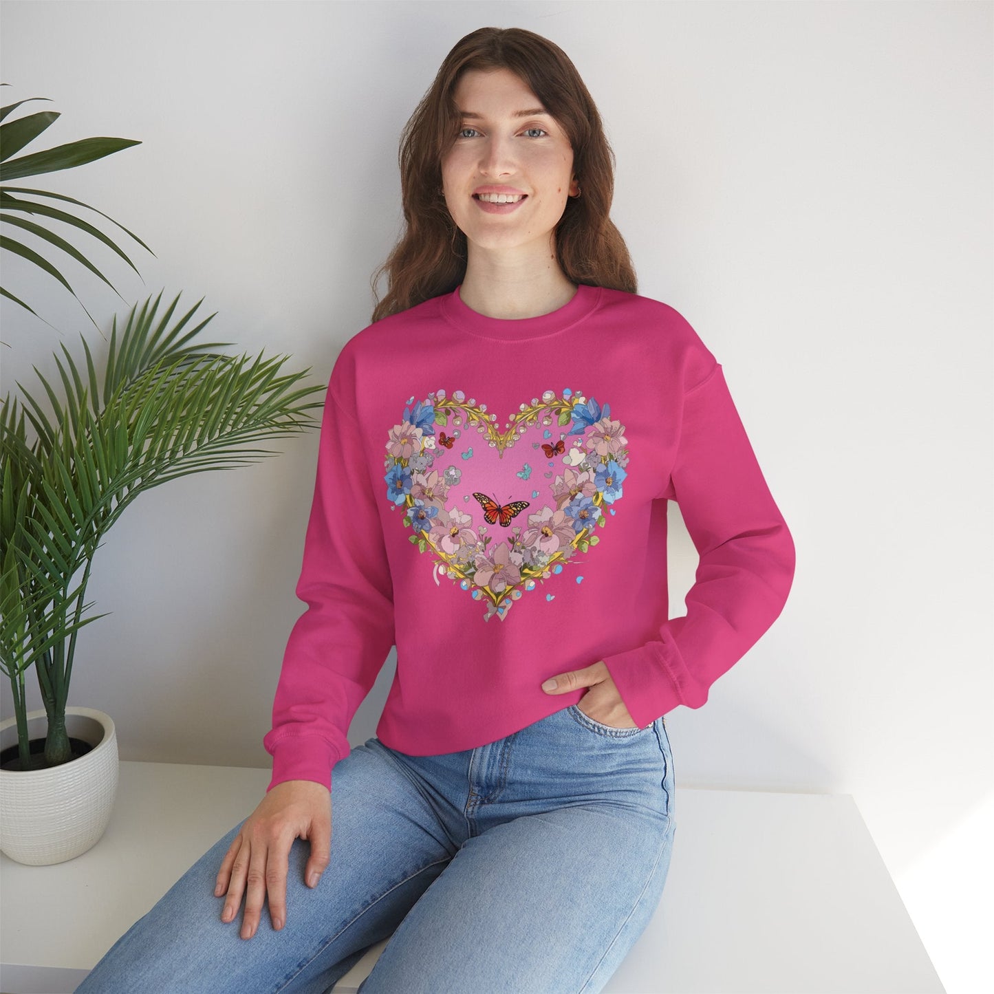 Floral Heart Sweatshirt Unisex Crewneck Gildan 18000 Fifty Fifty Cotton Polyester Valentine's Day