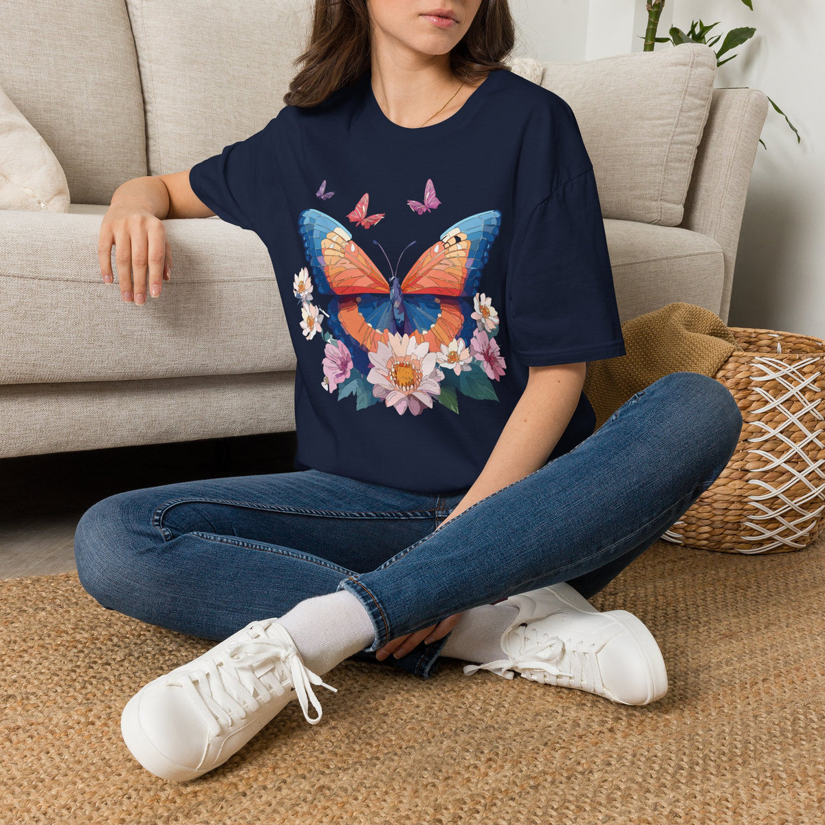 Butterfly Floral T-Shirt – Vibrant Orange & Blue Butterfly with Flowers Graphic Tee Unisex 100 Cotton Gildan T-Shirt