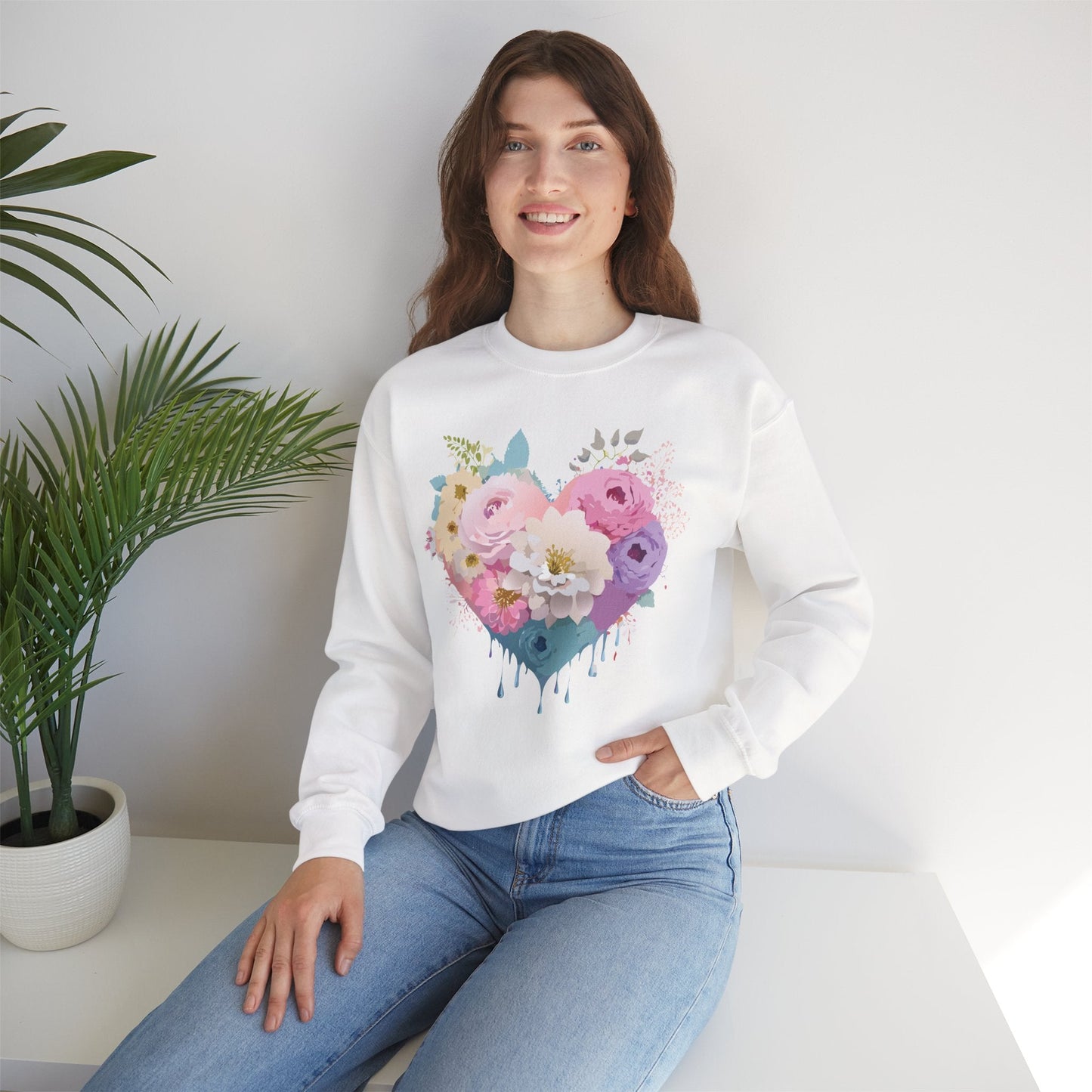 Floral Heart Unisex Crewneck Sweatshirt With Floral Love Valentines Day Design Premium Heavy Blend