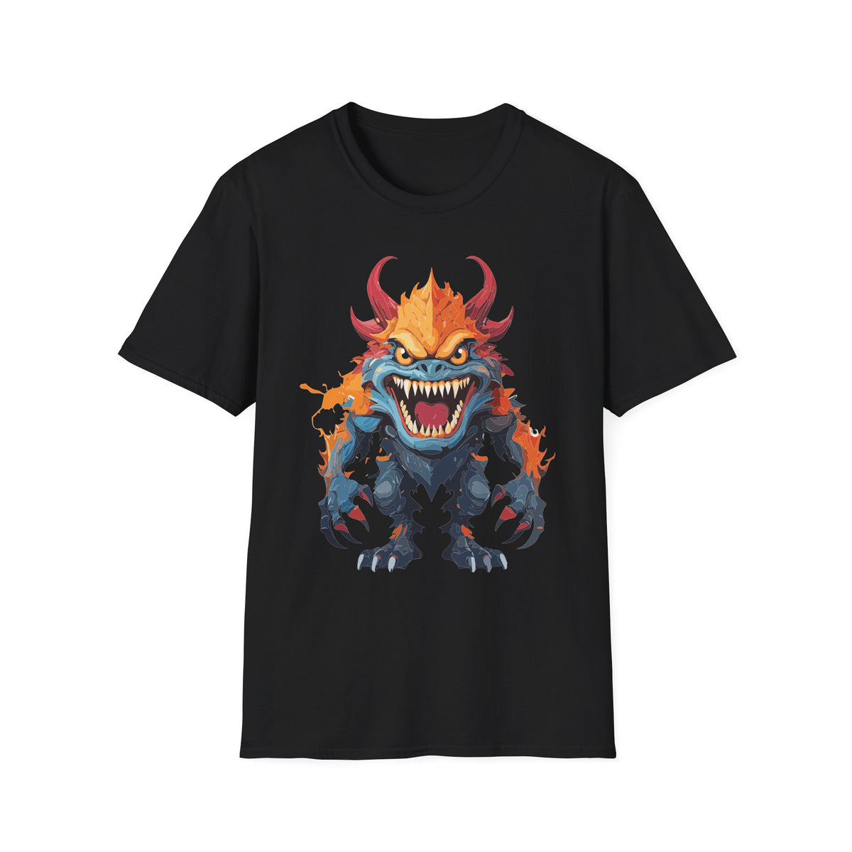 Monster T-Shirt — Fiery Demon Creature Cartoon Graphic Tee Unisex 100 Cotton Gildan T-Shirt