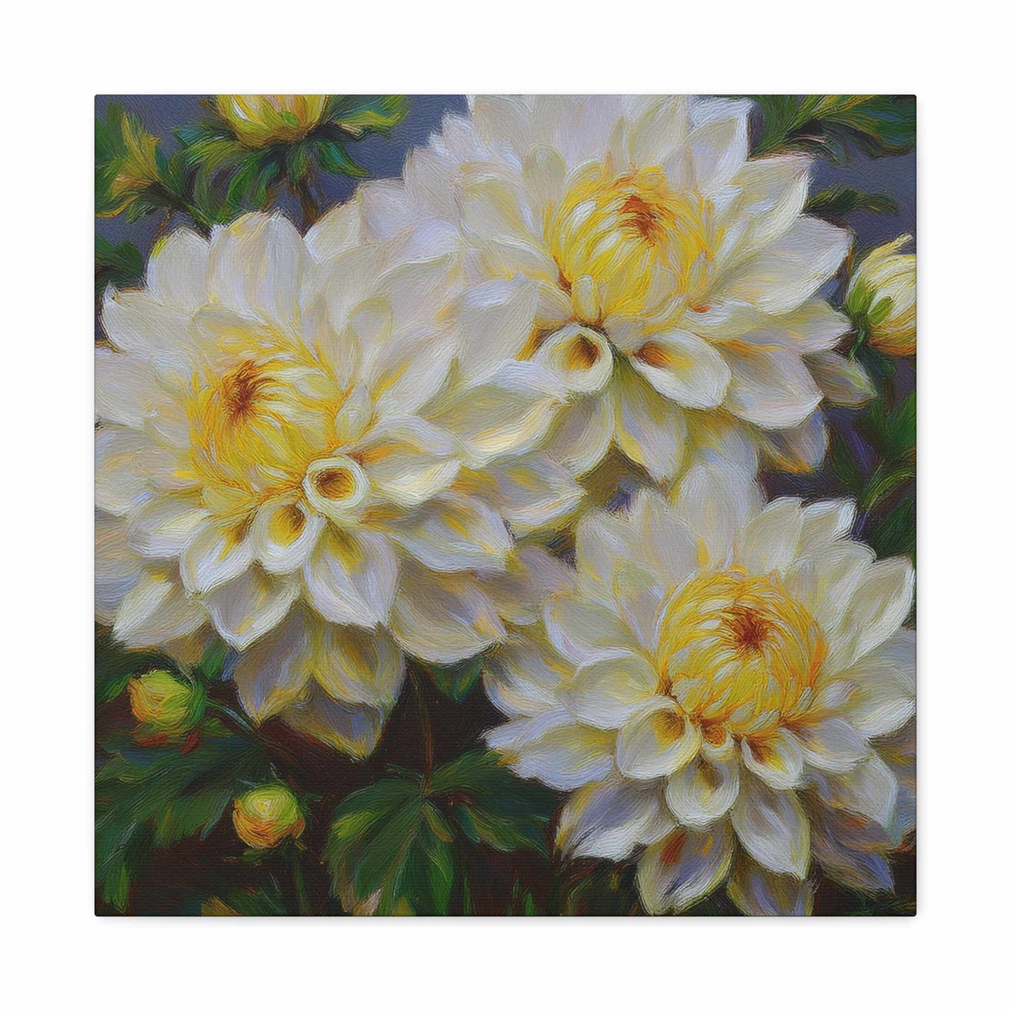 White Dahlias Print Canvas, Floral Oil Paint Print 20x20, 24x24, 30x30, 32x32, 36x36 Art Design Pine-Wood Inner Frame MC-168