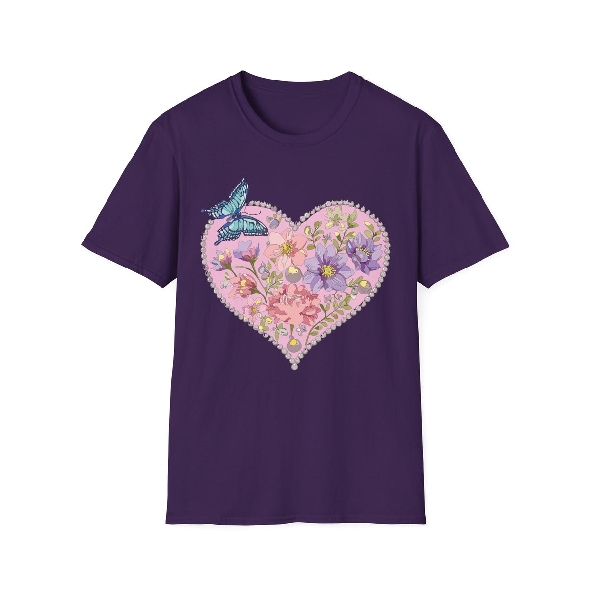 Floral Heart with Butterfly T-Shirt | Botanical Heart Graphic Tee Unisex 100 Cotton Gildan T-Shirt