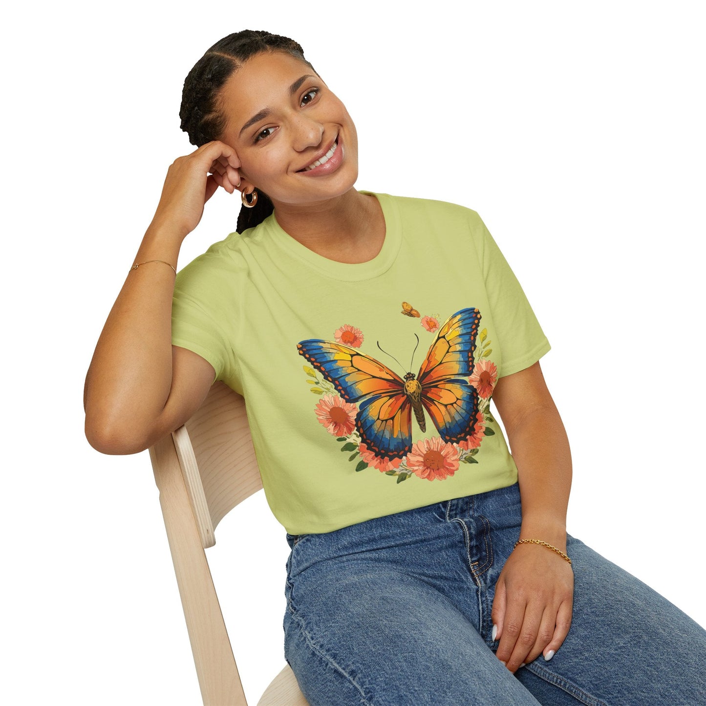 Butterfly T Shirt Unisex Softstyle Gildan 64000 Monarch Print 100 Percent Ring Spun Cotton