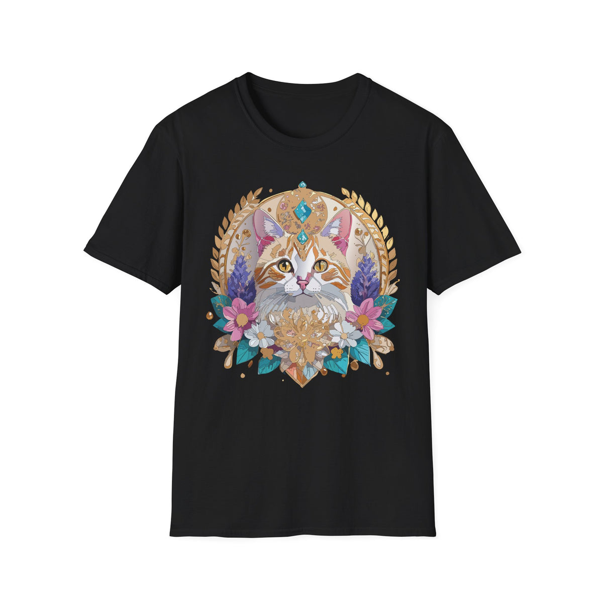 Regal Cat Mandala T-Shirt | Boho Kitty Illustration, Floral Crescent