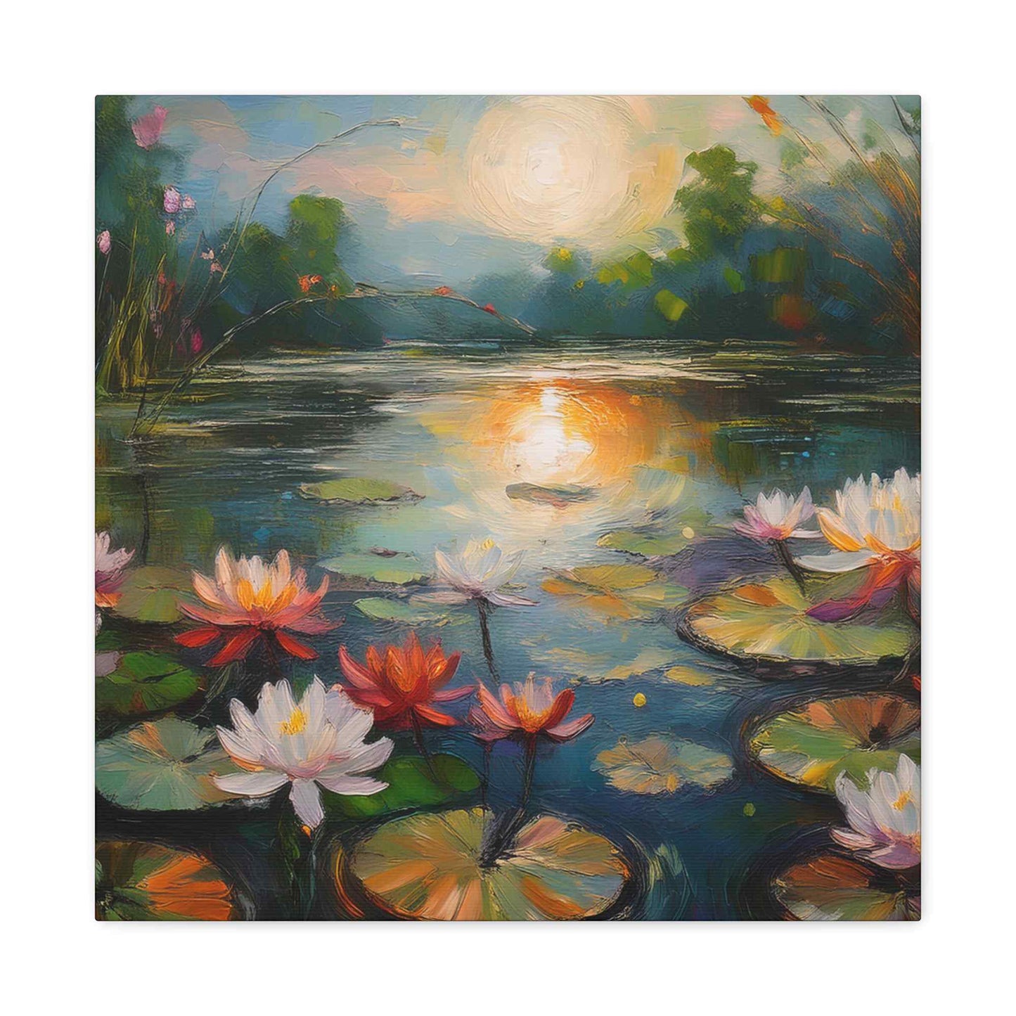 Water Lilies Print Canvas, Oil Paint Print 20x20, 24x24, 30x30, 32x32, 36x36 Floral Art Print Pine-Wood Inner Frame MC-66
