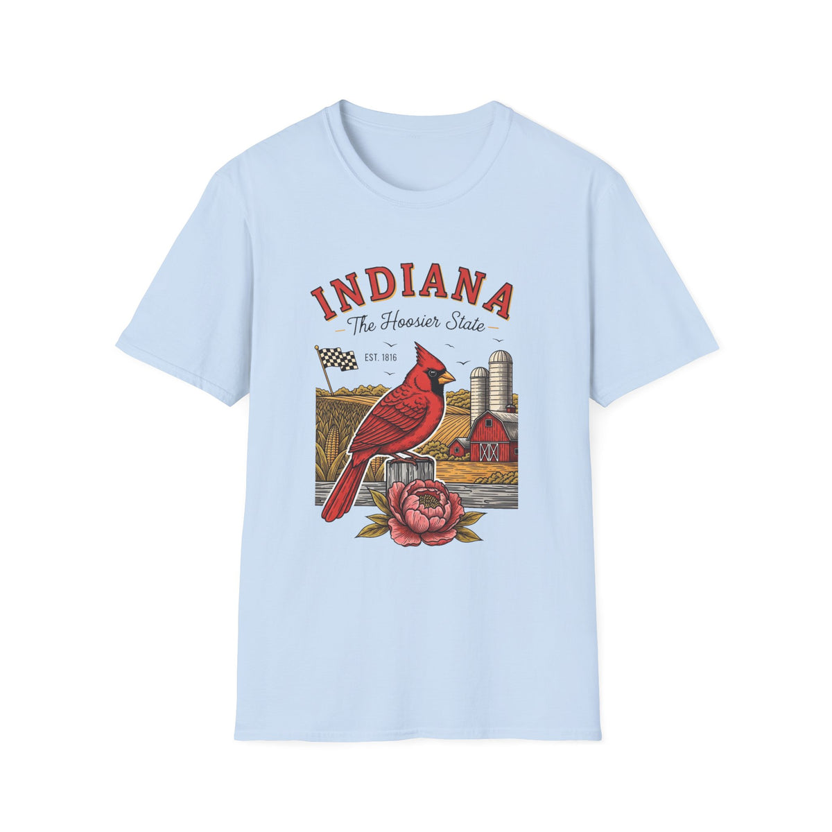 Indiana Cardinal Bird Farm Tee — Indiana The Hoosier State Graphic Travel Tourist Graphic Design Unisex 100 Cotton Gildan T-Shirt