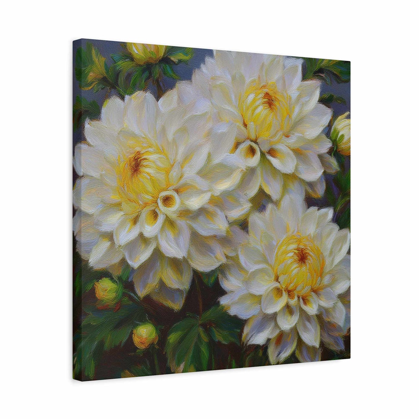 White Dahlias Print Canvas, Floral Oil Paint Print 20x20, 24x24, 30x30, 32x32, 36x36 Art Design Pine-Wood Inner Frame MC-168