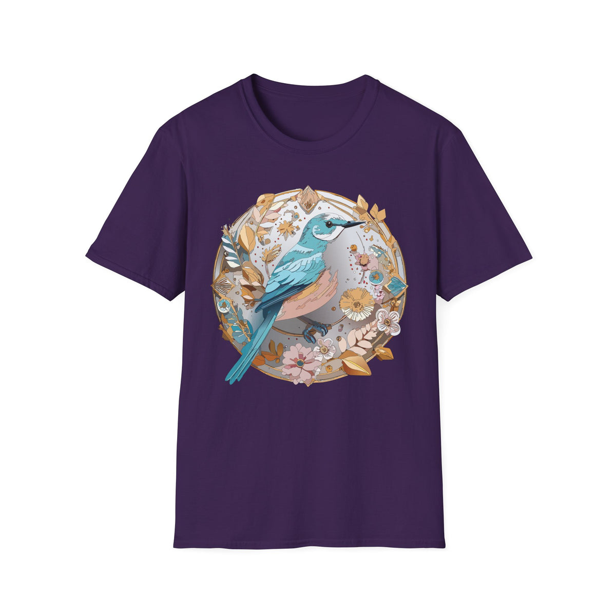 Blue Bird Floral Wreath T-Shirt | Botanical Bird Illustration