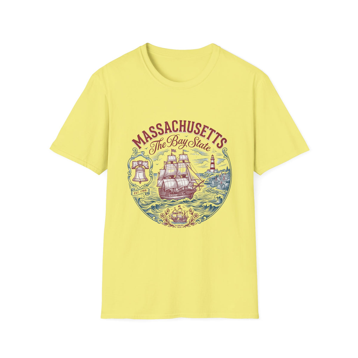Massachusetts The Bay State T-Shirt – Vintage Nautical Ship Lighthouse Travel Tourist Graphic Design Unisex 100 Cotton Gildan T-Shirt