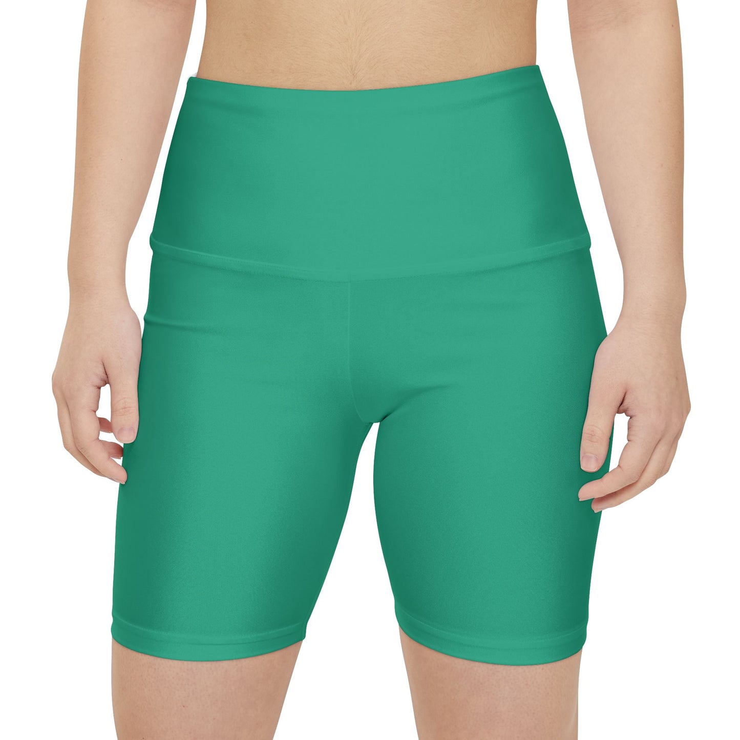 Seaweed Green Women's Workout Shorts — Solid Teal High-Waist Biker Shorts