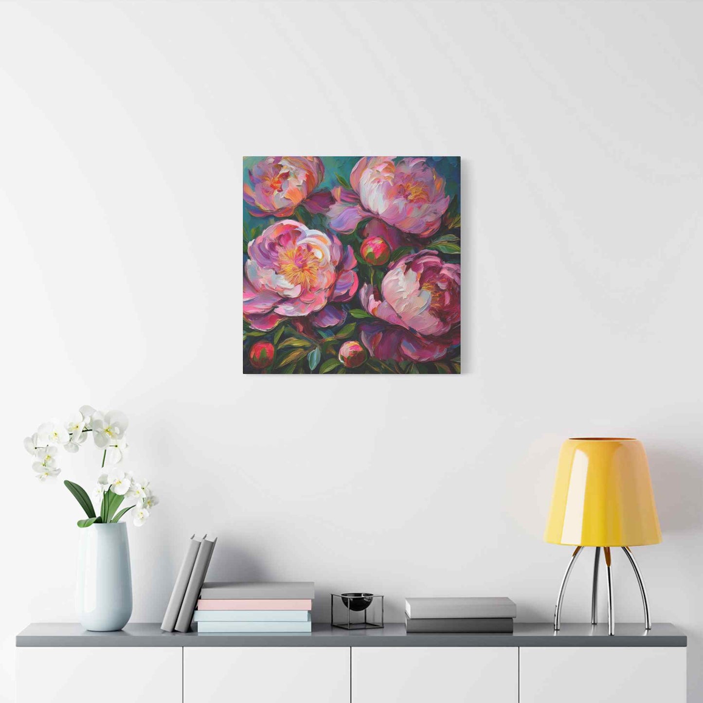 Pink Peonies Print Canvas, Floral Oil Paint Print 20x20, 24x24, 30x30, 32x32, 36x36 Art Design Pine-Wood Inner Frame MC-114