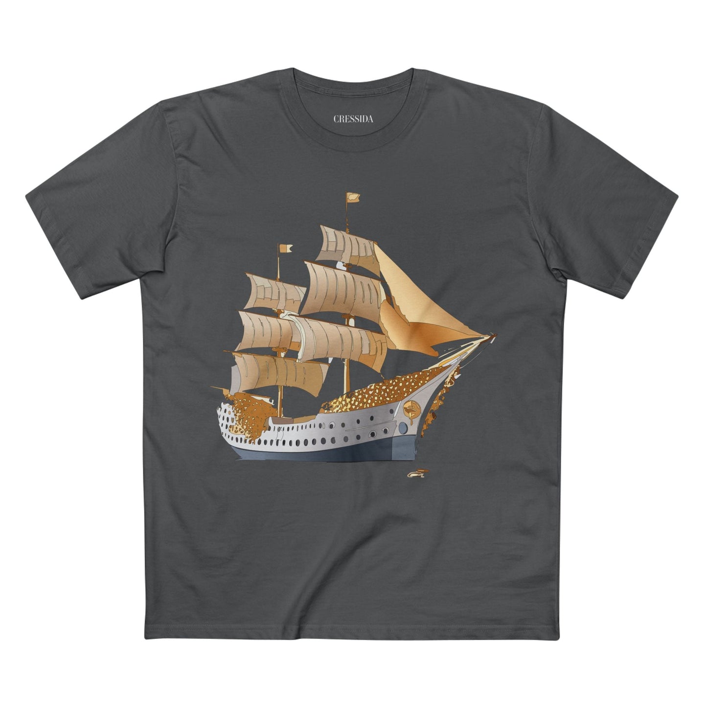 Ship Graphic Unisex 100 Cotton T-Shirt with Gold Frigate Art Design 25