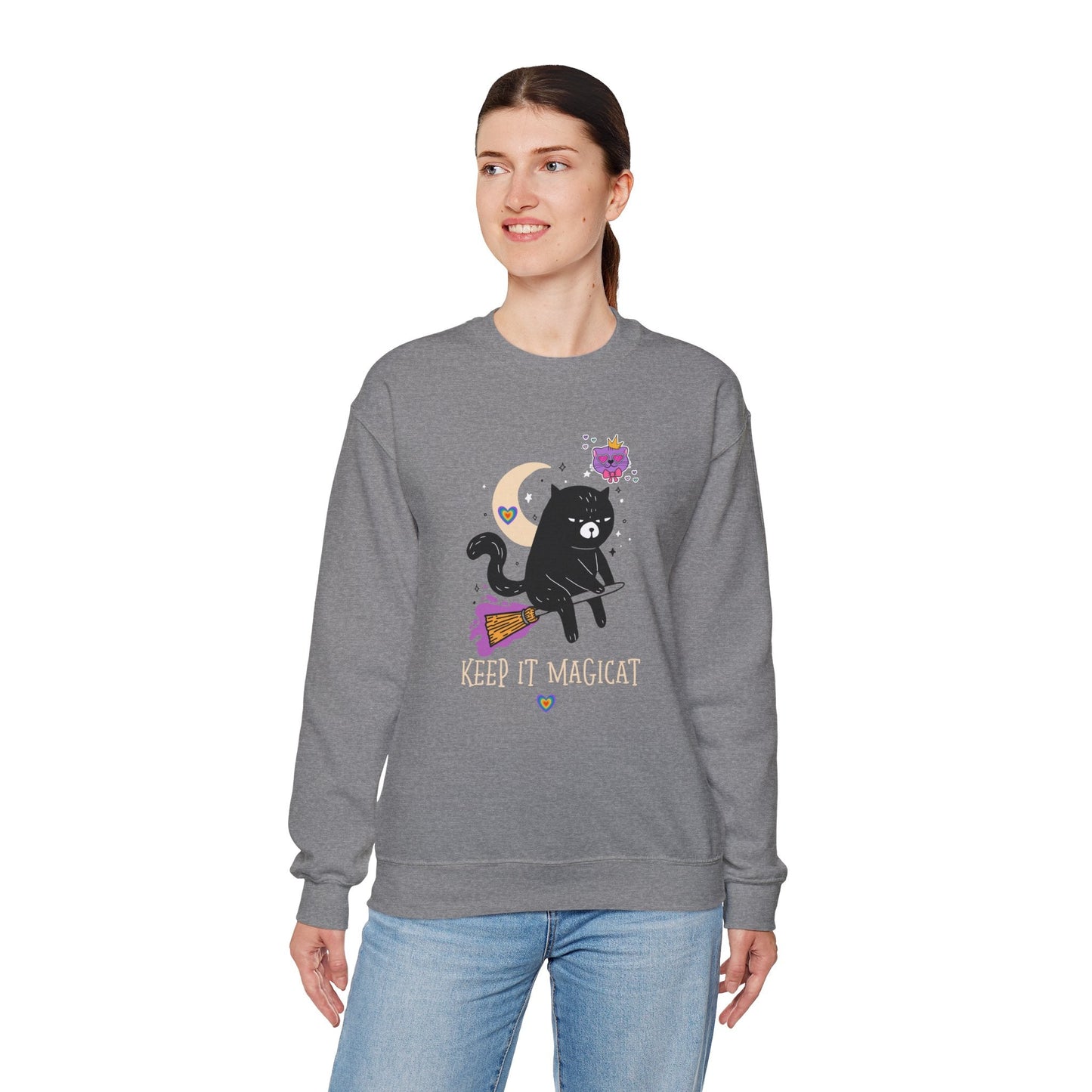 Flying Cat Heart Sweatshirt Unisex Fifty Fifty Cotton Poly Crewneck Gildan 18000 Valentines Day