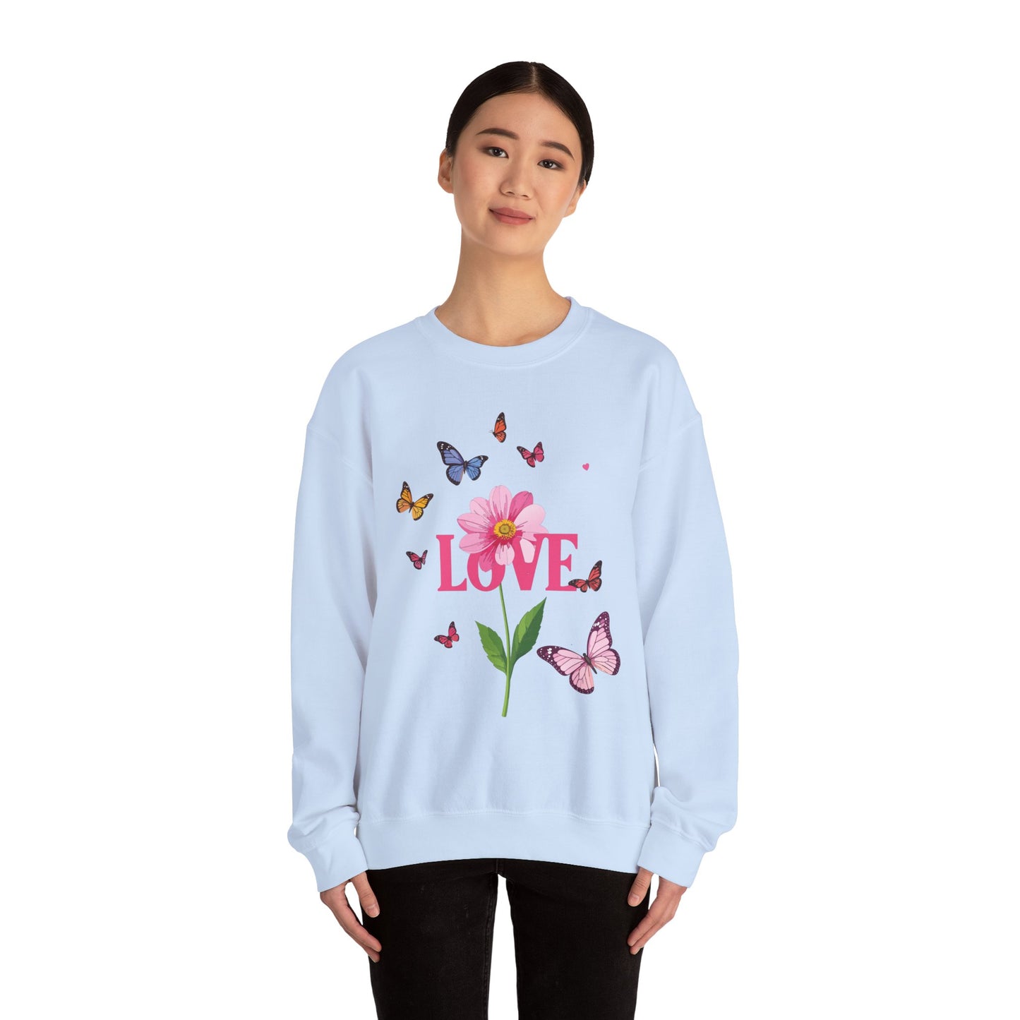 Unisex Floral Love Sweatshirt, Love Floral Sweatshirt, Floral Butterfly Sweatshirt, 50/50 Cotton-Poly Valentine's Day Sweatshirt 01