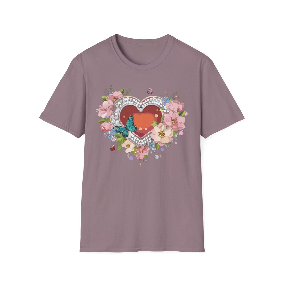 Heart with Floral Wreath and Butterfly T-Shirt | Romantic Floral Tee