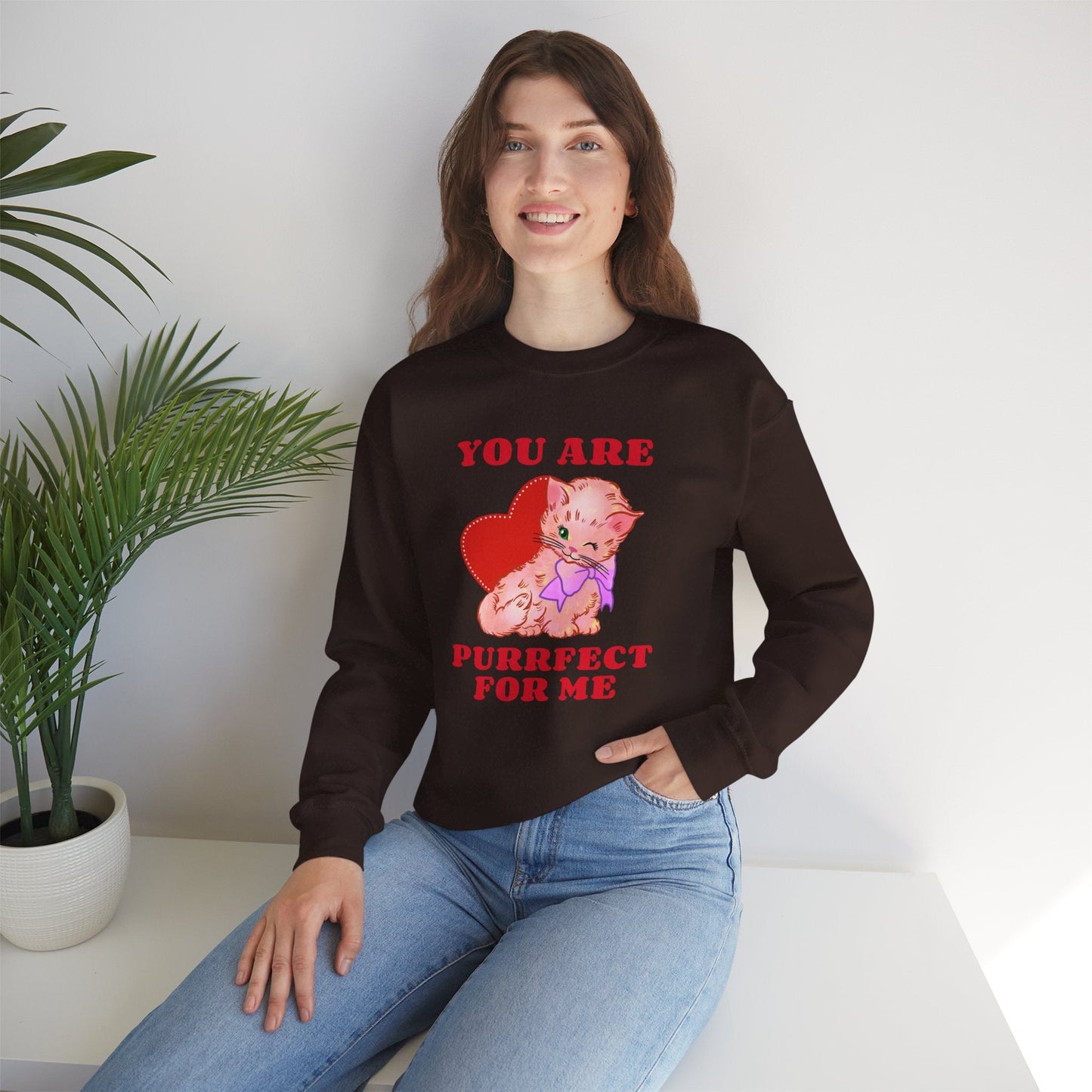 Cat Heart Sweatshirt Unisex Valentines Day Fifty Fifty Cotton Poly Blend Crewneck
