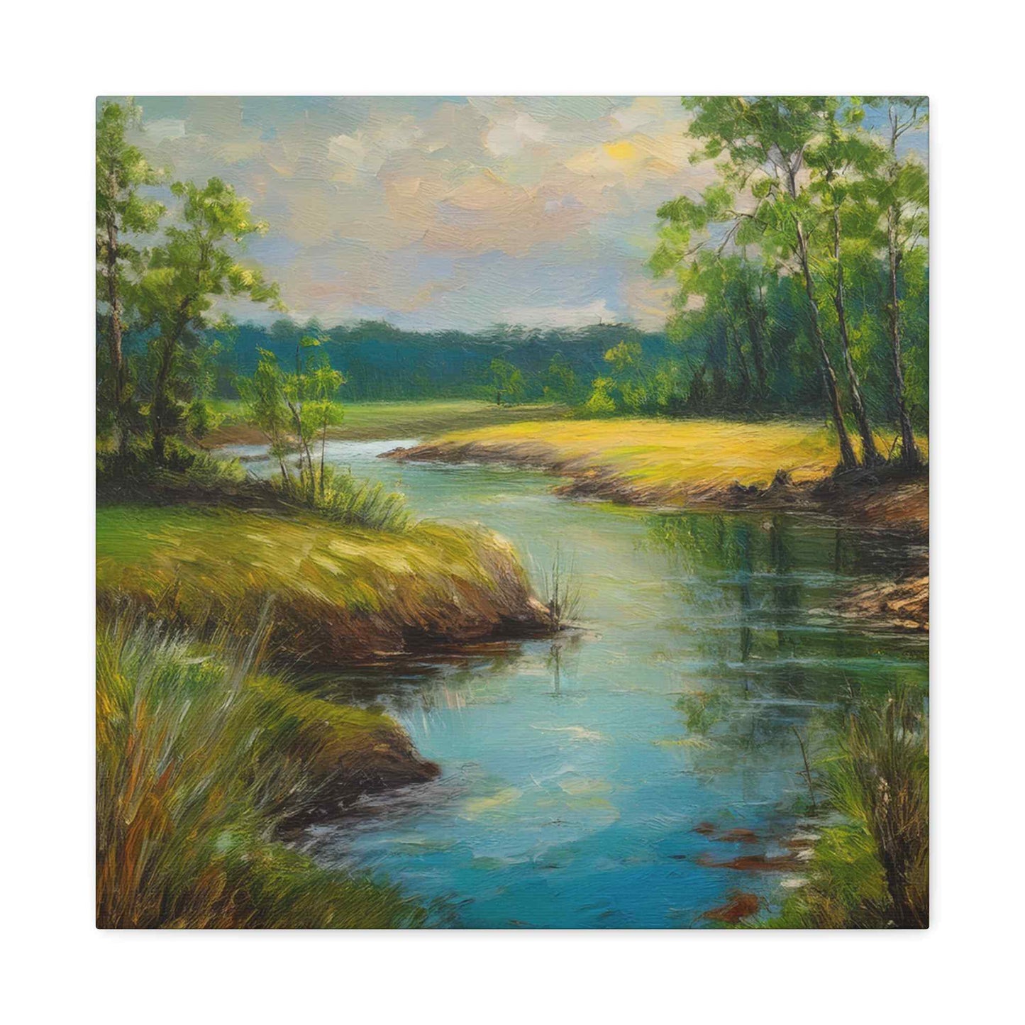 River Print Canvas, Landscape Oil Paint Print 20x20, 24x24, 30x30, 32x32, 36x36 Art Design Print Pine-Wood Inner Frame MC-55