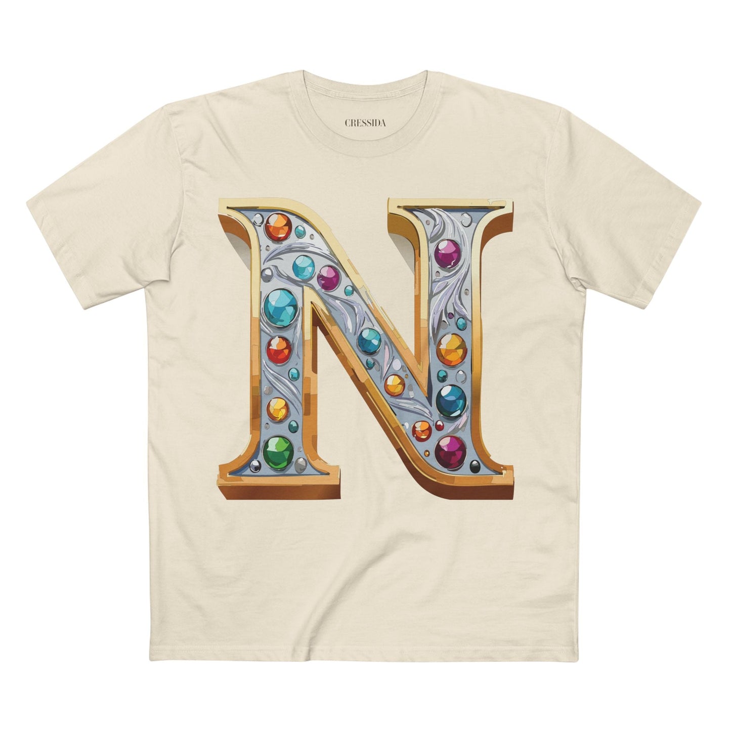 Letter N Graphic Design Tee Unisex 100 Cotton With Antique Gold Letters Artwork T-Shirt