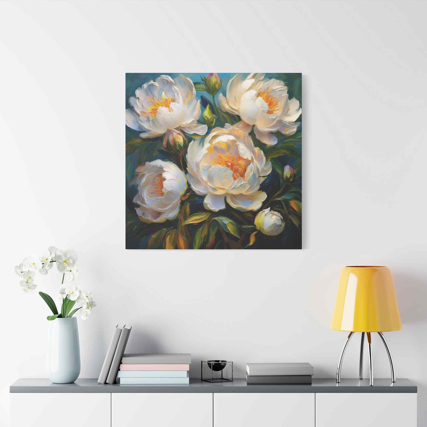 White Peonies Print Canvas, Floral Oil Paint Print 20x20, 24x24, 30x30, 32x32, 36x36 Art Design Pine-Wood Inner Frame MC-118