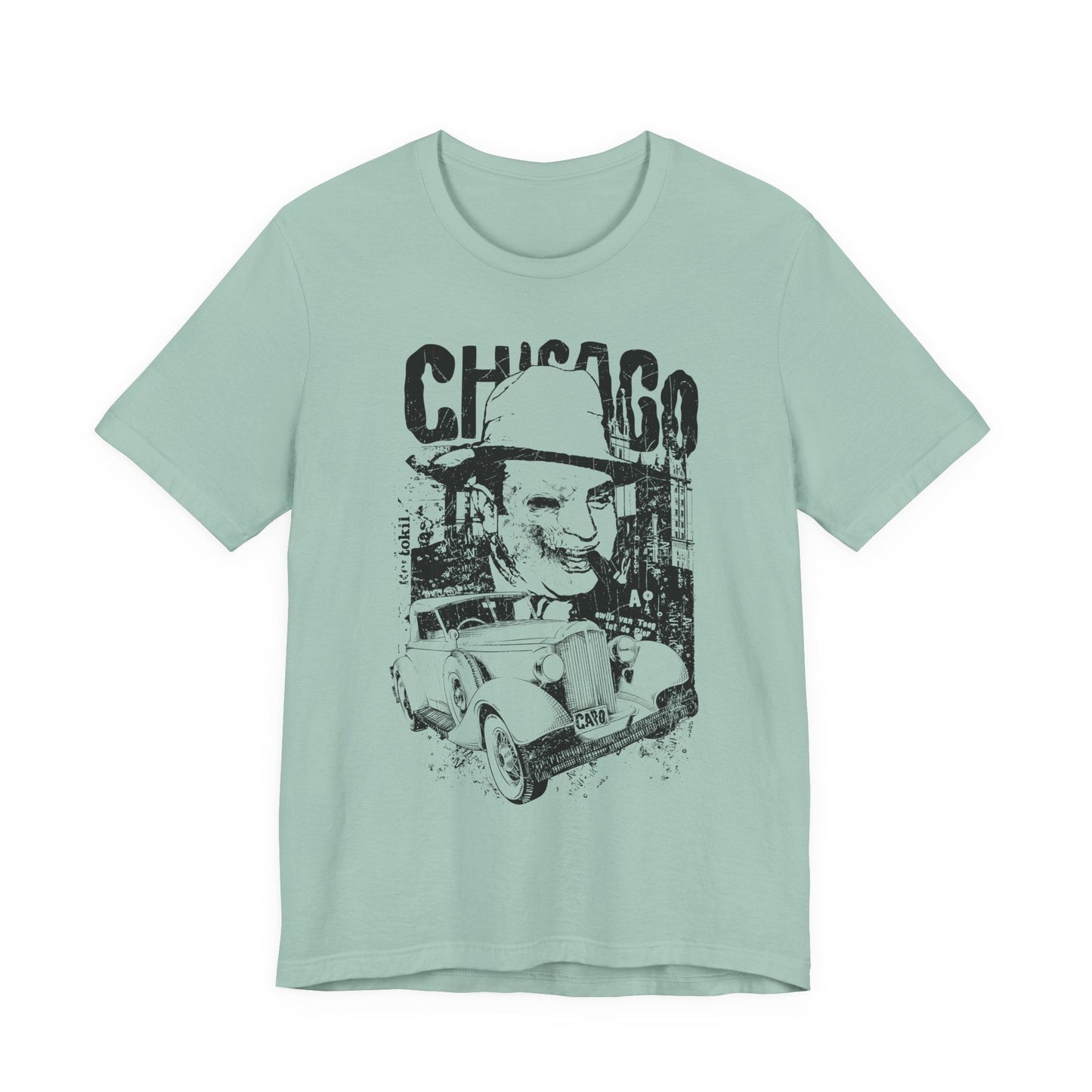 Chicago Retro Mobster Illustration Tee Vintage Car Cityscape Art Design T-Shirt A-8