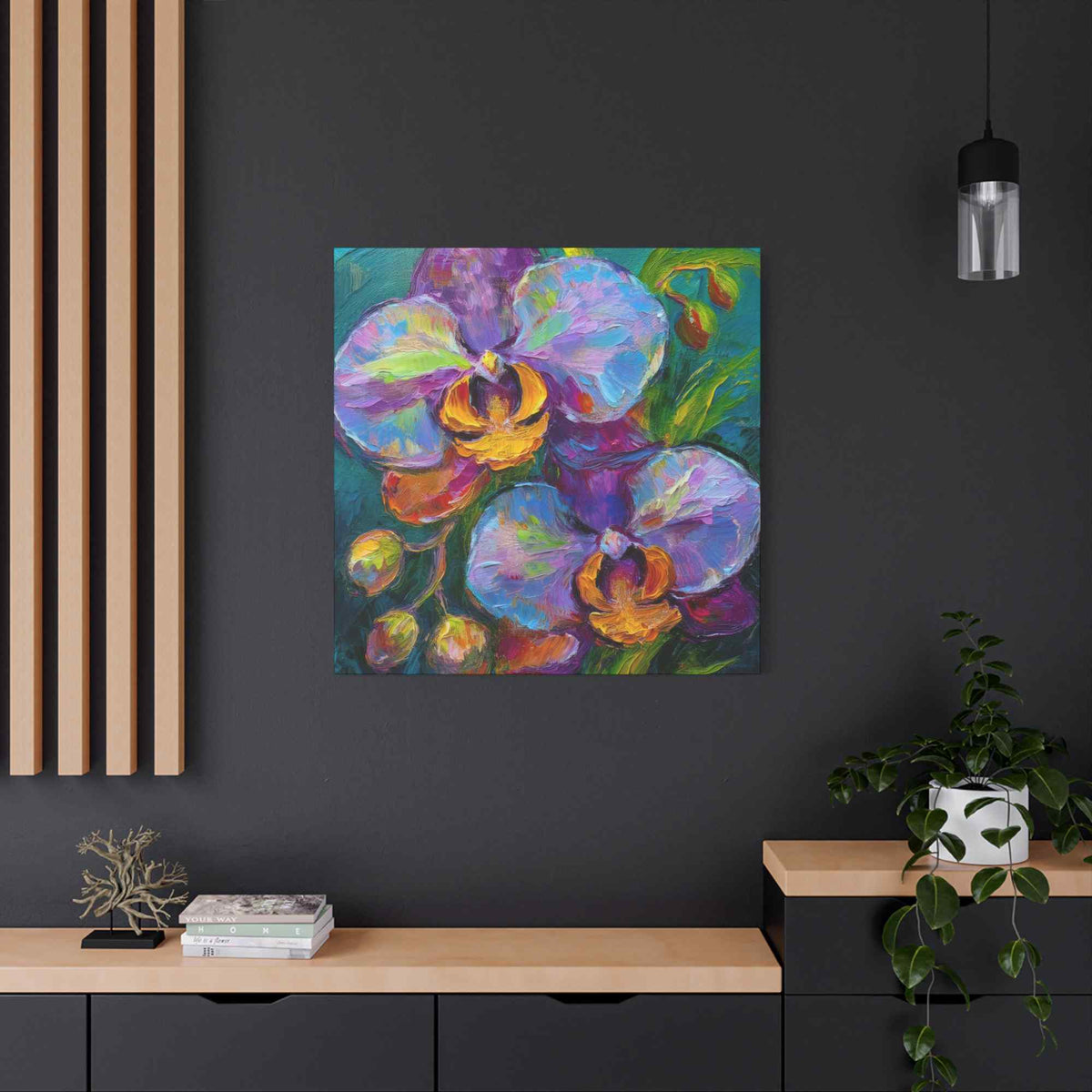 Blue Orchids Print Canvas, Floral Oil Paint Print 20x20, 24x24, 30x30, 32x32, 36x36 Art Design Pine-Wood Inner Frame MC-133