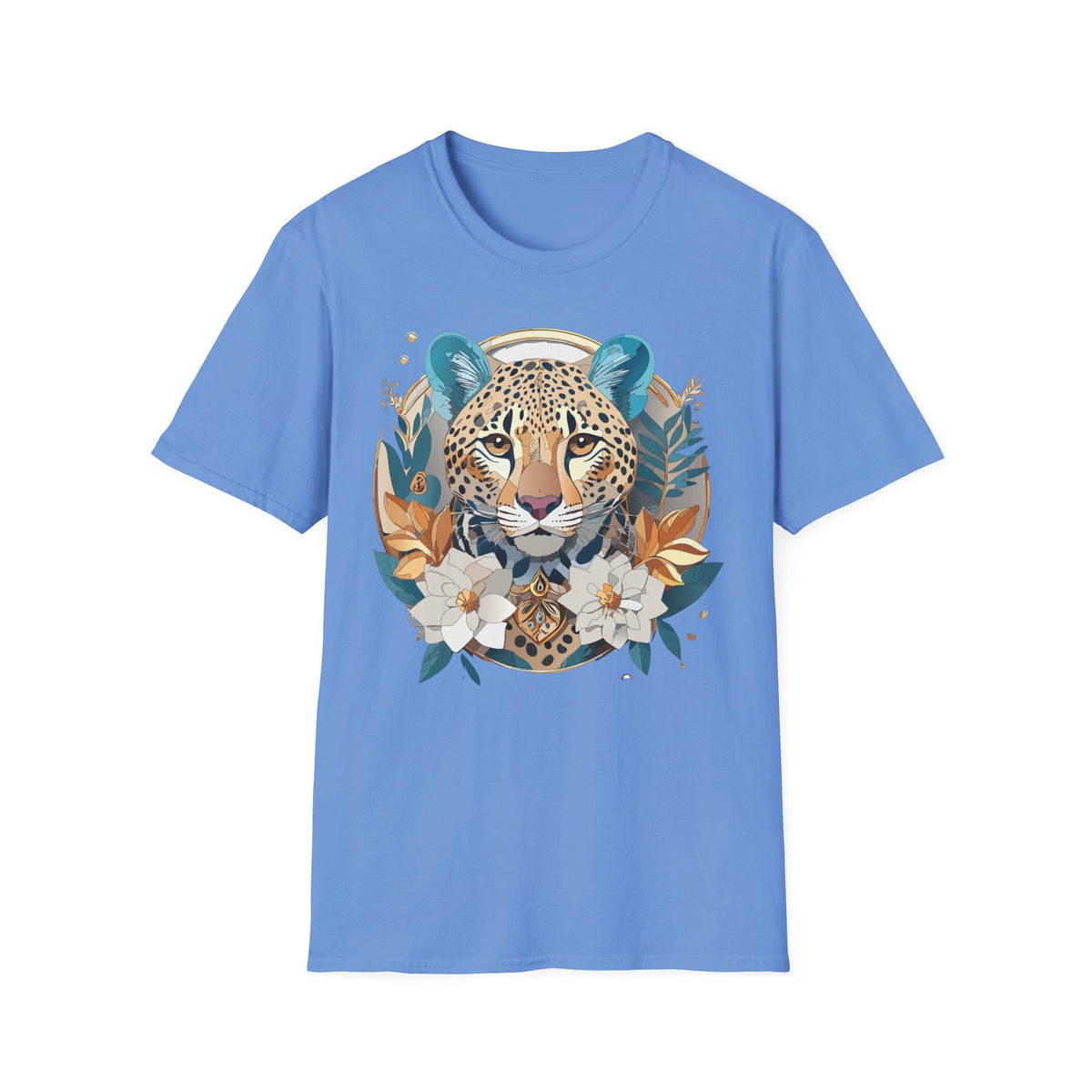Boho Cheetah Face T-Shirt | Floral Leaves Illustration