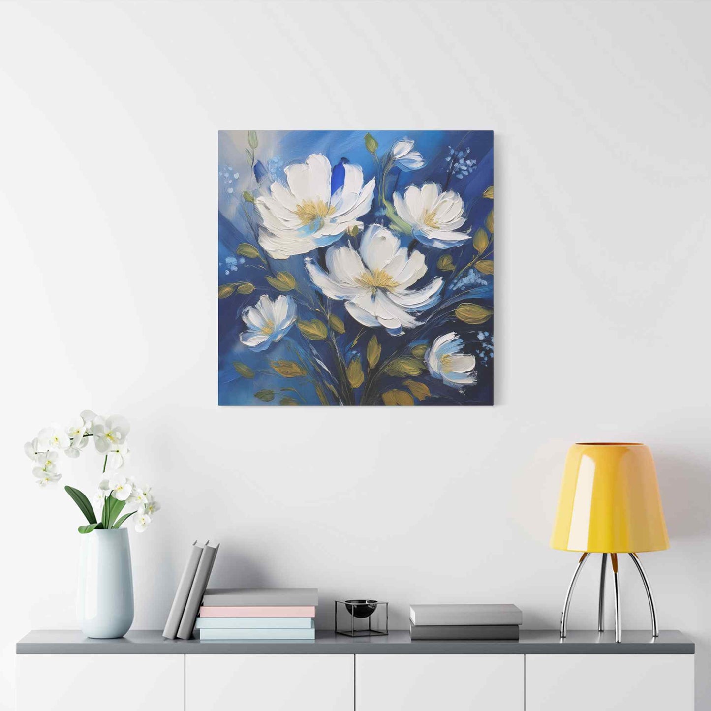 White Flowers Print Canvas, White Flowers Oil Paint Print 20x20, 24x24, 30x30, 32x32, 36x36, Art Design Print Non-Frame MC-8