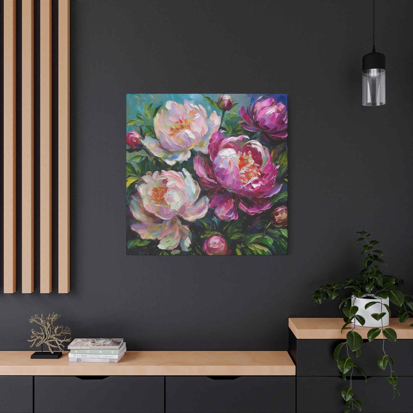 Pink Peonies Print Canvas, Floral Oil Paint Print 20x20, 24x24, 30x30, 32x32, 36x36 Art Design Pine-Wood Inner Frame MC-115