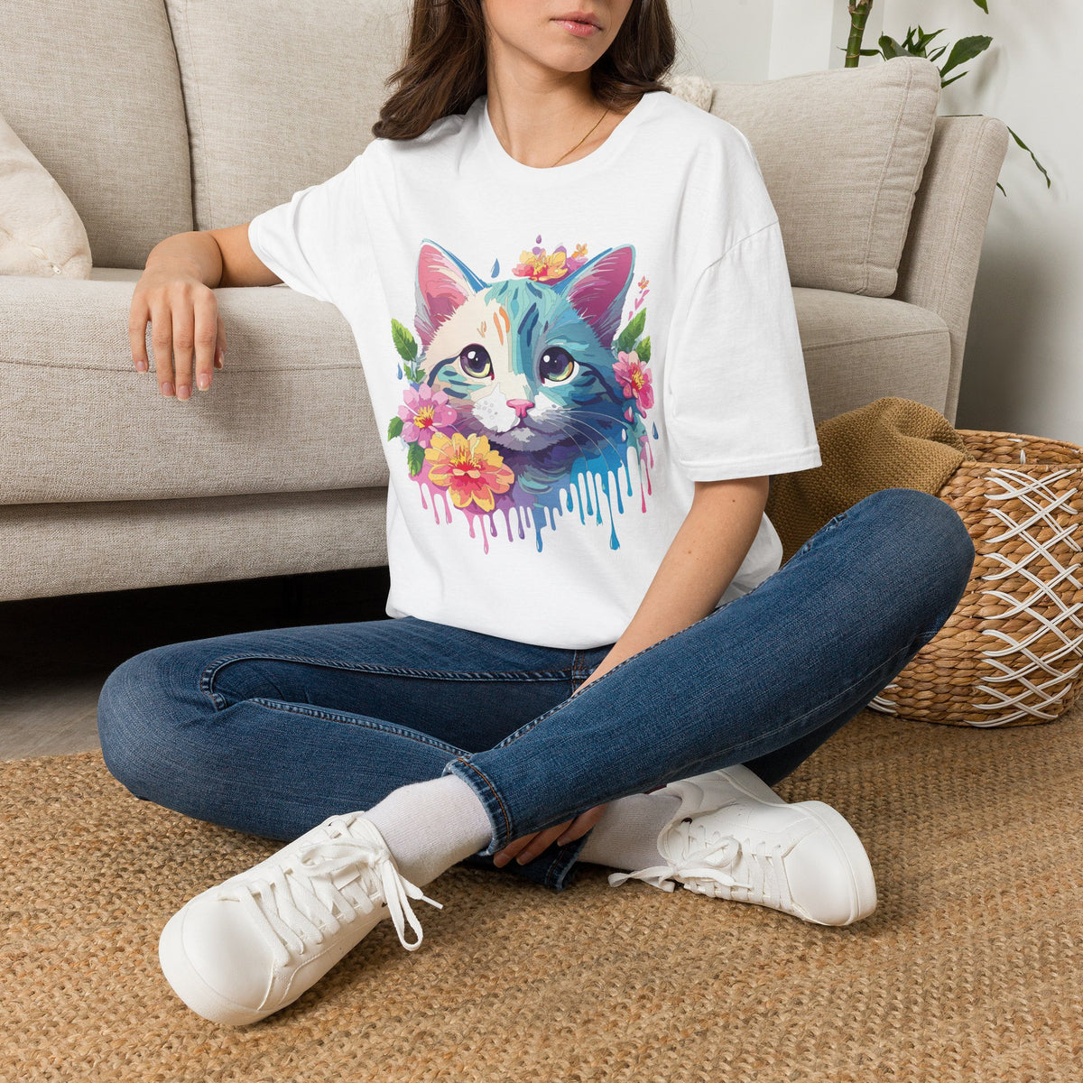 Colorful Watercolor Cat Tee | Floral Crown Cat T-Shirt