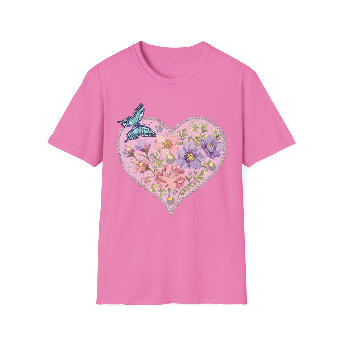 Floral Heart with Butterfly T-Shirt | Botanical Heart Graphic Tee Unisex 100 Cotton Gildan T-Shirt