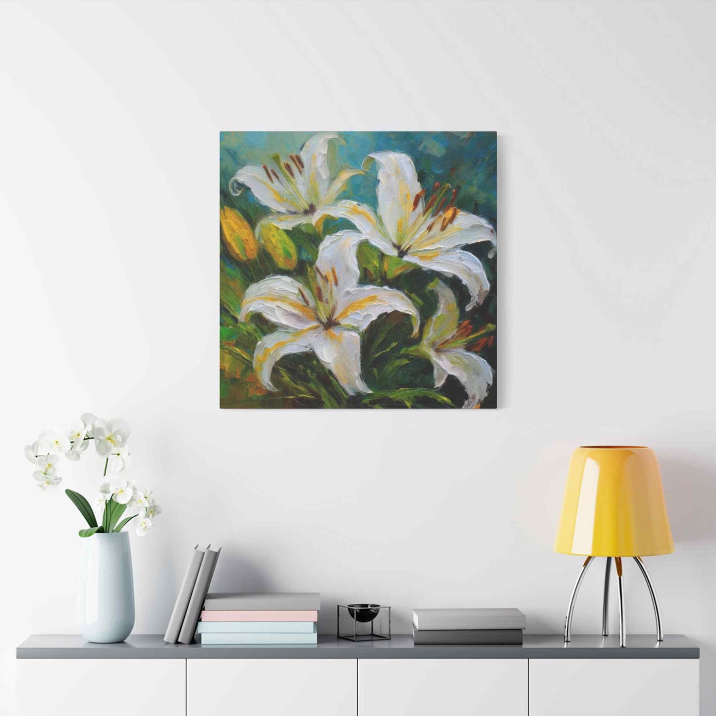White Lilies Print Canvas, Floral Oil Paint Print 20x20, 24x24, 30x30, 32x32, 36x36 Art Design Pine-Wood Inner Frame MC-153