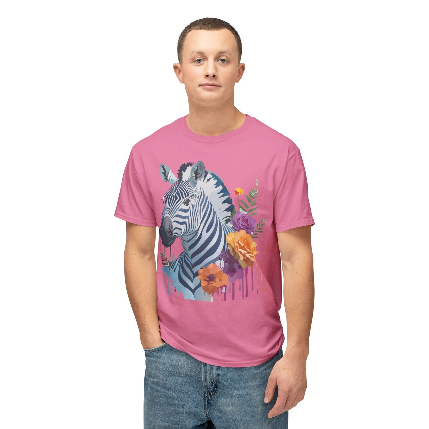 Unisex Zebra T Shirt With Floral Art Print Premium HD Cotton Jersey Tee Made In USA