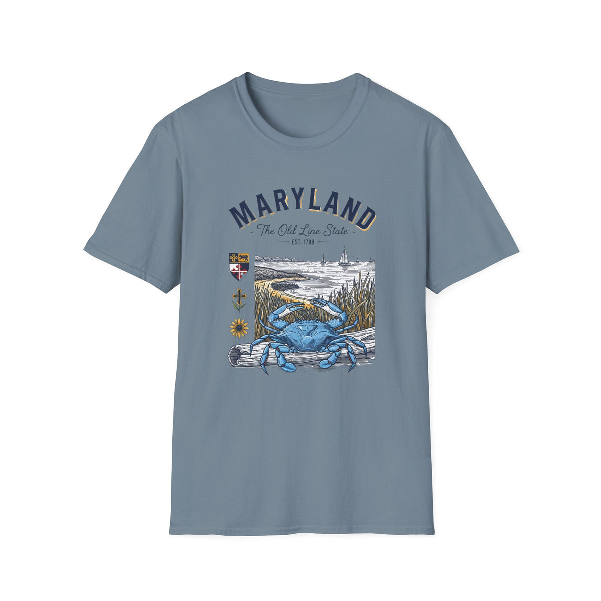 Maryland Blue Crab Scenic T-Shirt — The Old Line State Coastal Design Travel Tourist Graphic Design Unisex 100 Cotton Gildan T-Shirt