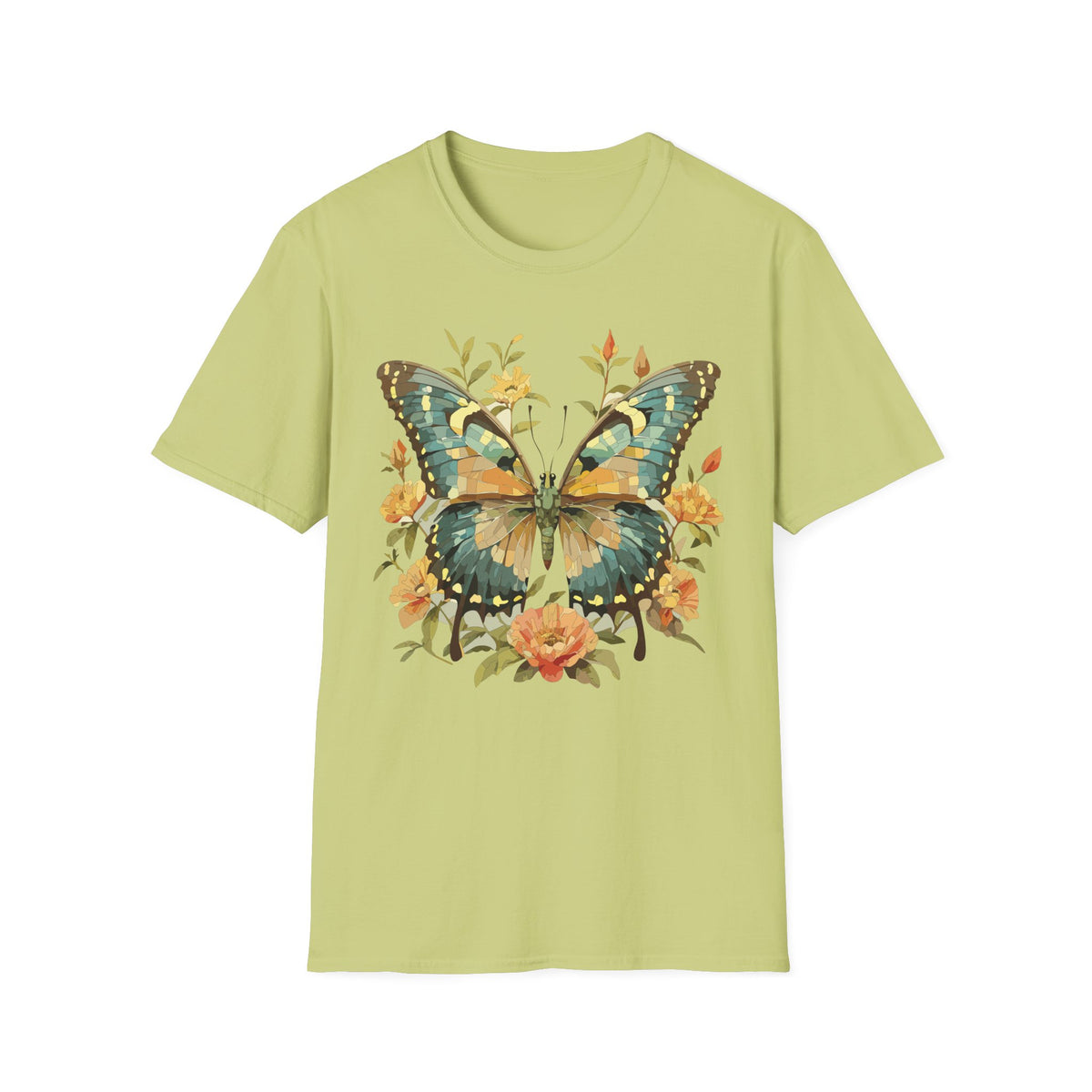 Butterfly Floral T-Shirt — Vintage Green & Gold Garden Graphic Tee Unisex 100 Cotton Gildan T-Shirt