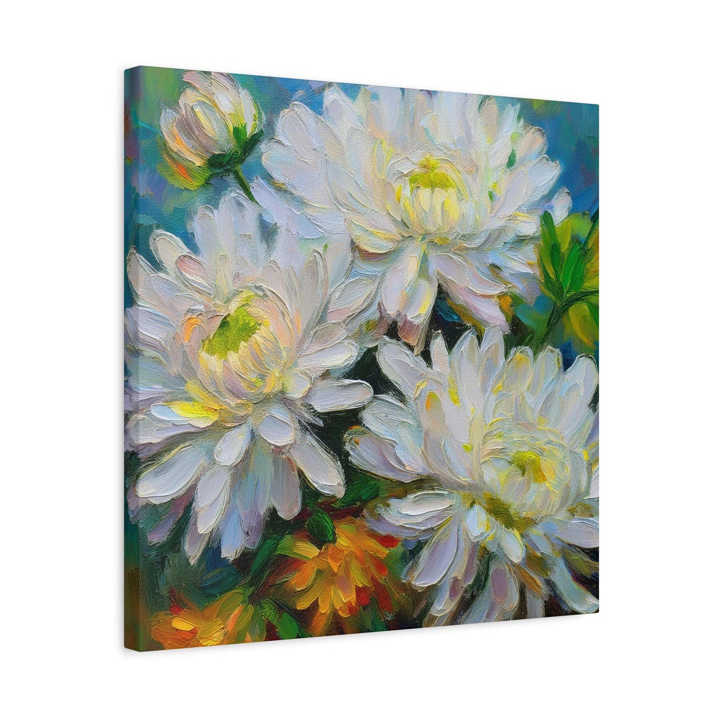 Chrysanthemums Print Canvas, Floral Oil Paint Print 20x20, 24x24, 30x30, 32x32, 36x36 Art Design Pine-Wood Inner Frame MC-161