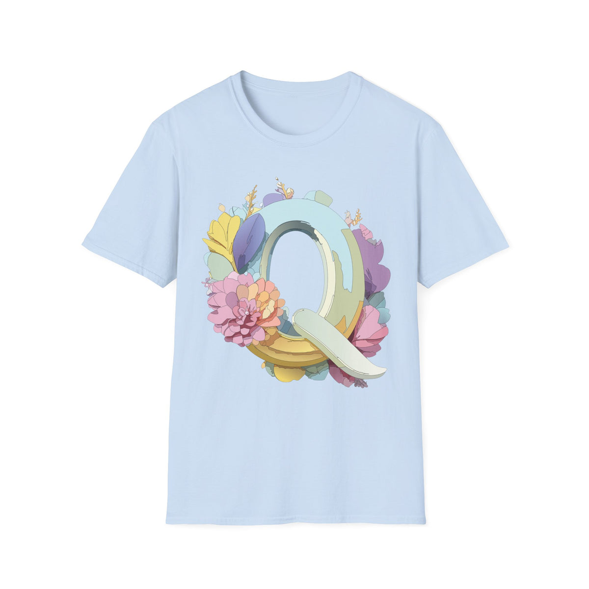 Floral Letter Q T-Shirt | Pastel Monogram Tee, Botanical Initial Shirt
