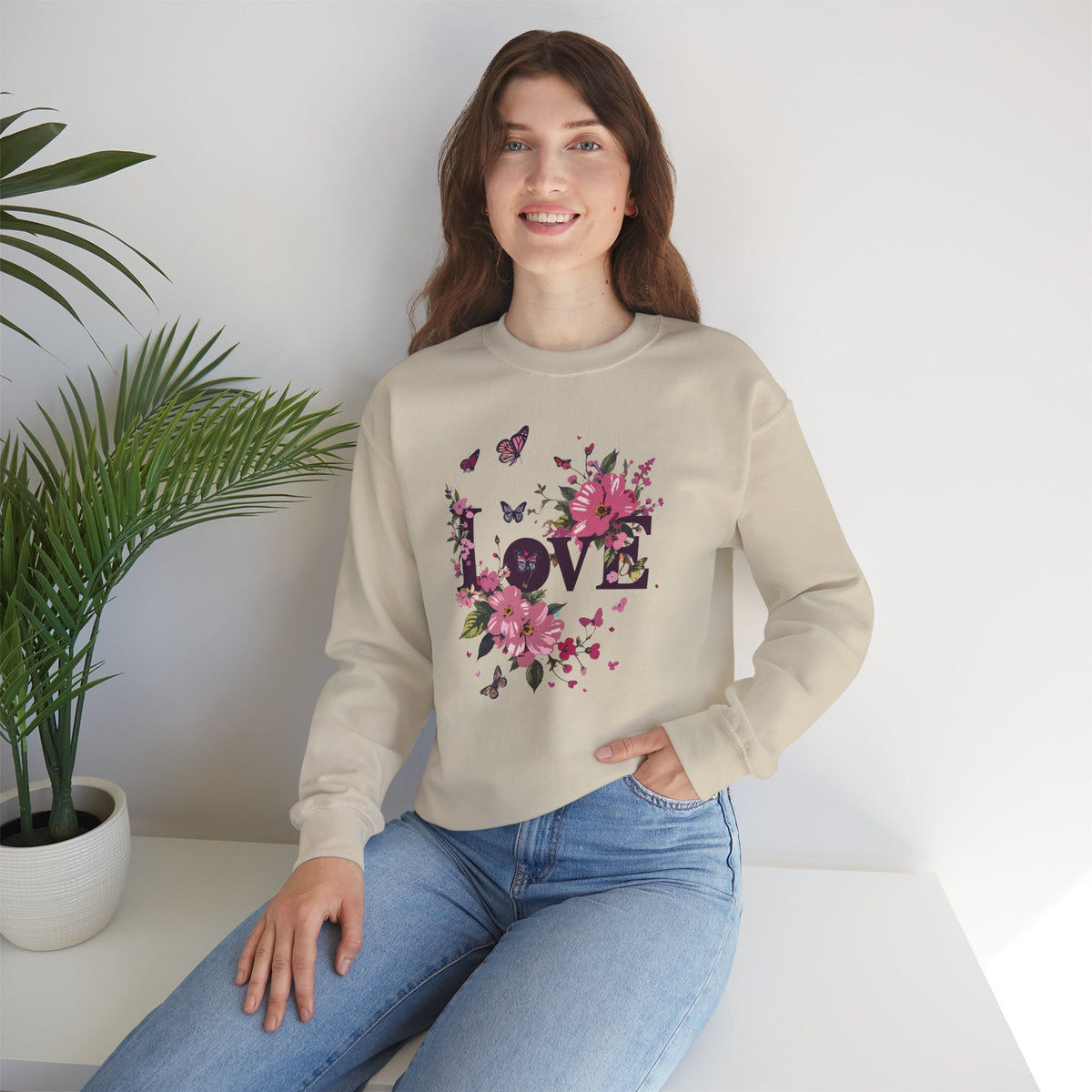Unisex Floral Love Sweatshirt, Love Floral Sweatshirt, Floral Butterfly Sweatshirt, 50/50 Cotton-Poly Valentine's Day Sweatshirt 05