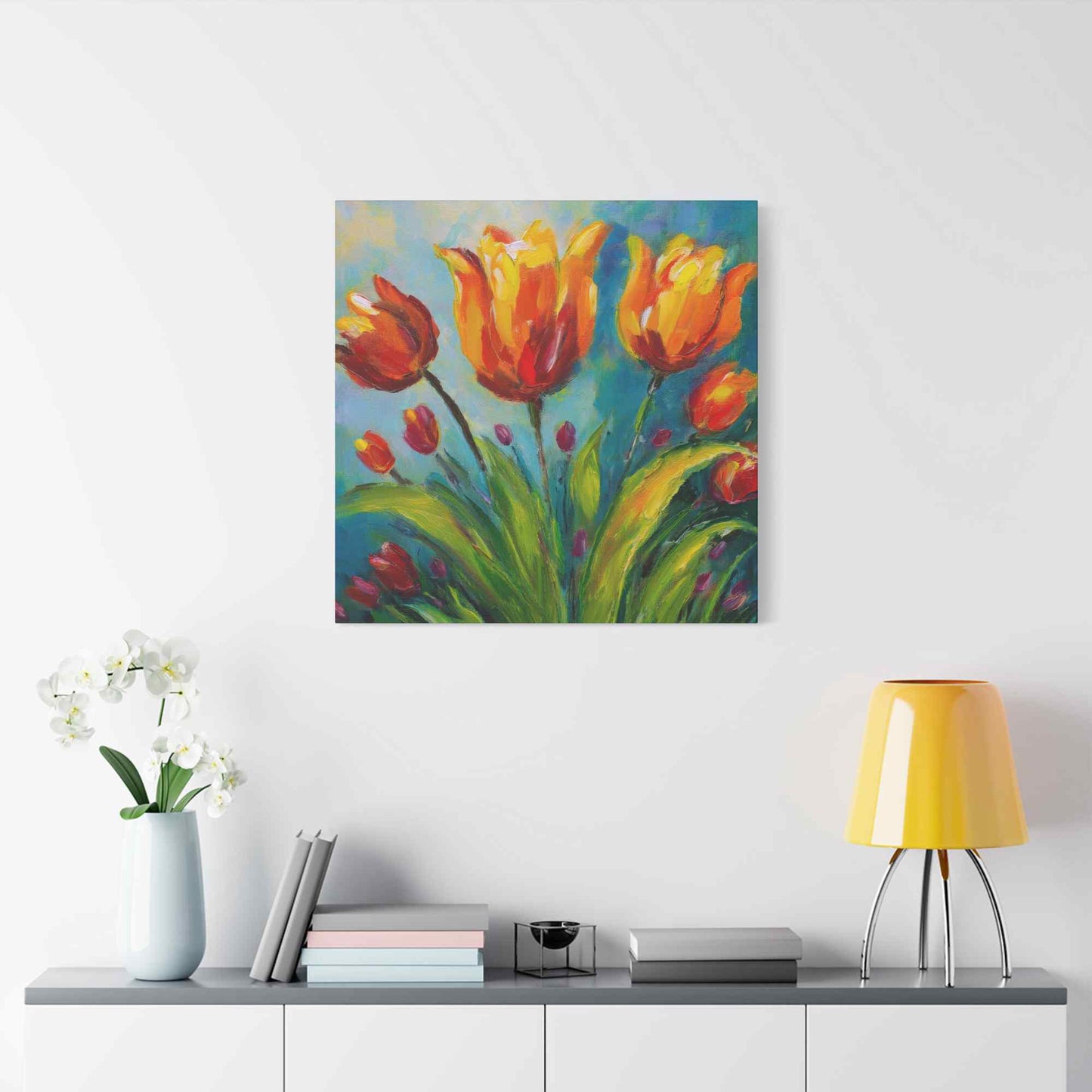 Tulips Print Canvas, Floral Oil Paint Print 20x20, 24x24, 30x30, 32x32, 36x36 Art Design Pine-Wood Inner Frame MC-143