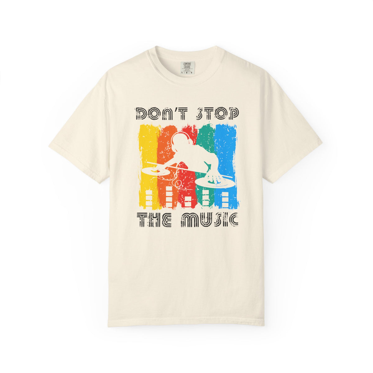 Don t Stop the Music DJ Silhouette T-Shirt Retro Rainbow Turntables Unisex Cotton Tee 016