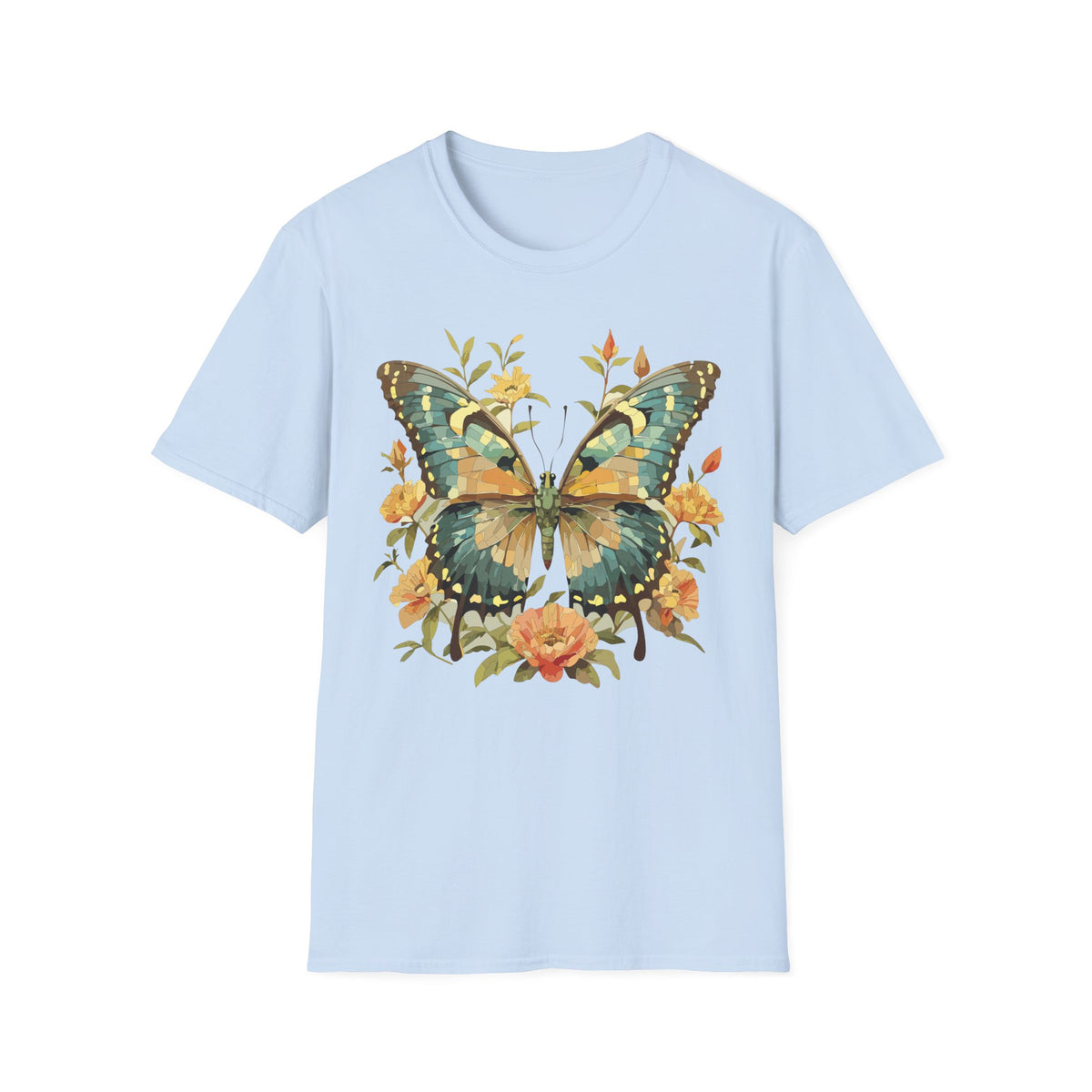 Butterfly Floral T-Shirt — Vintage Green & Gold Garden Graphic Tee Unisex 100 Cotton Gildan T-Shirt