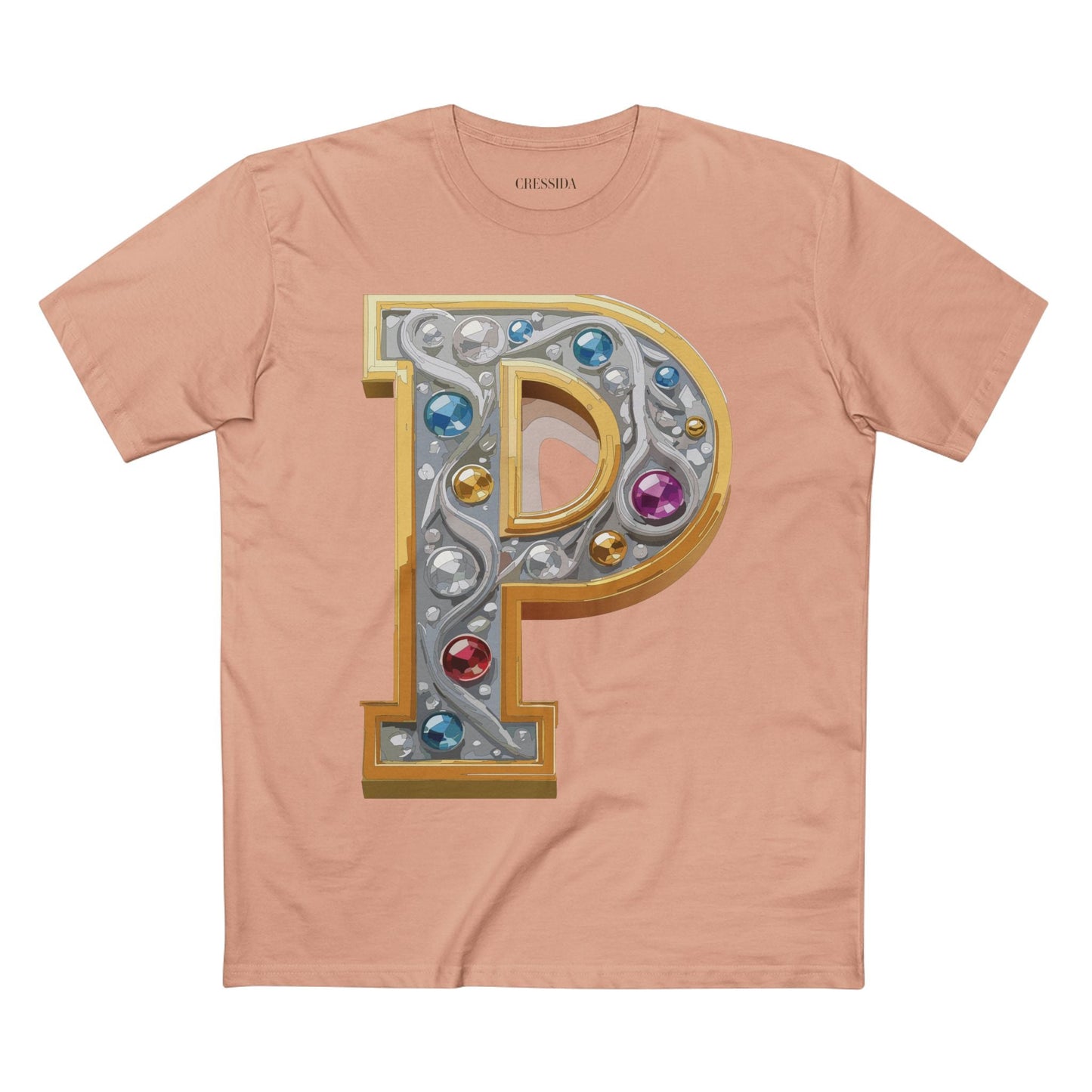 Letter P Graphic Design Tee Unisex 100 Cotton With Antique Gold Letters Artwork T-Shirt