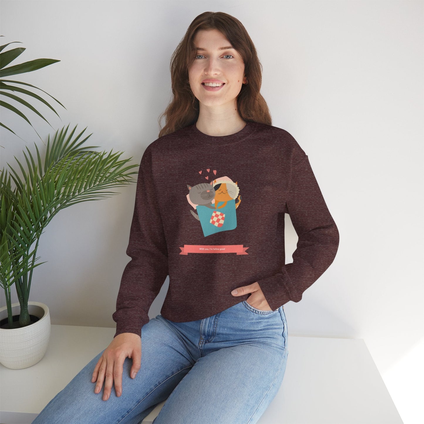 Cat Heart Sweatshirt Unisex Valentines Day 50 50 Cotton Poly Crewneck Gildan 18000