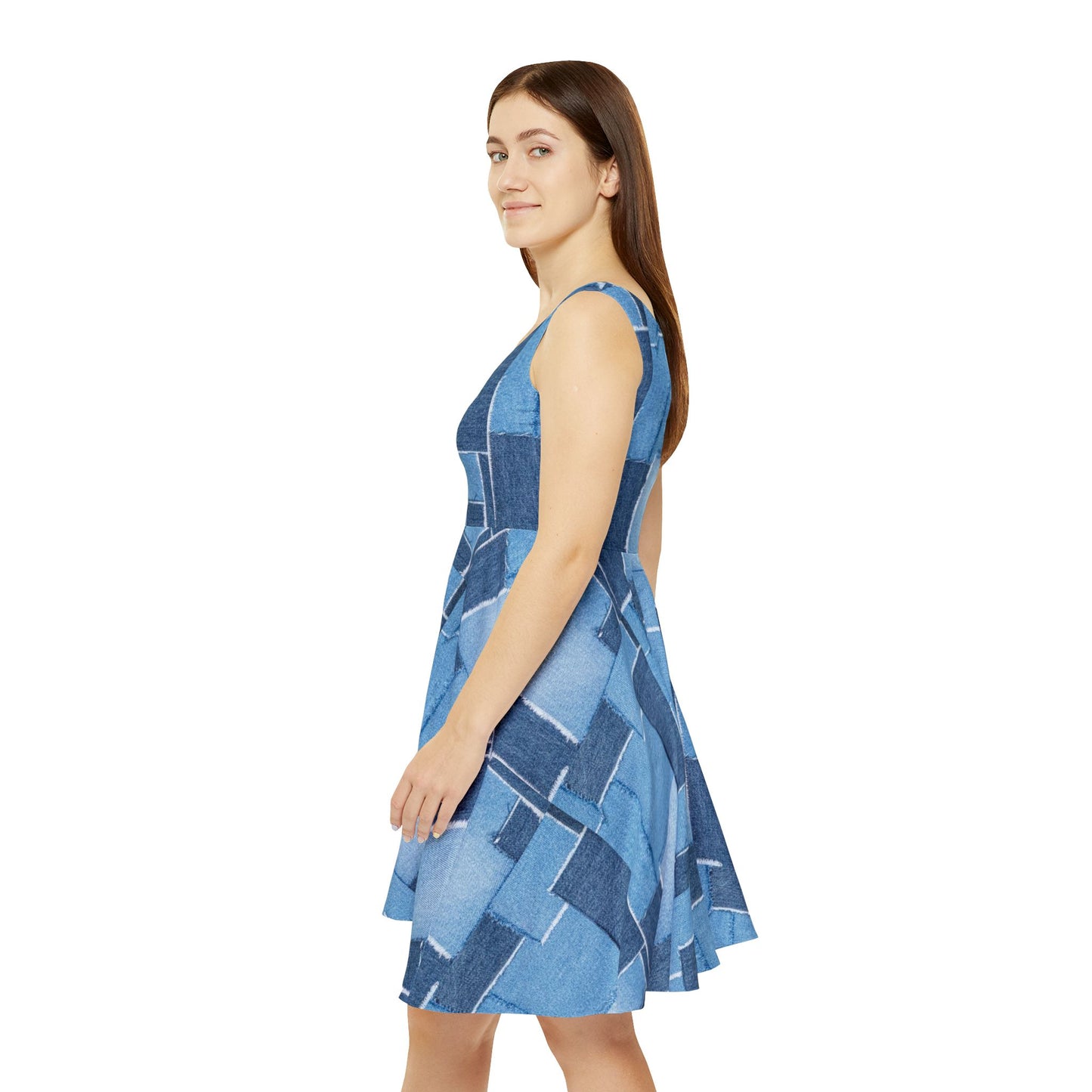 Women Denim Print Skater Dress, Denim Print Poly-Span Dress - 4