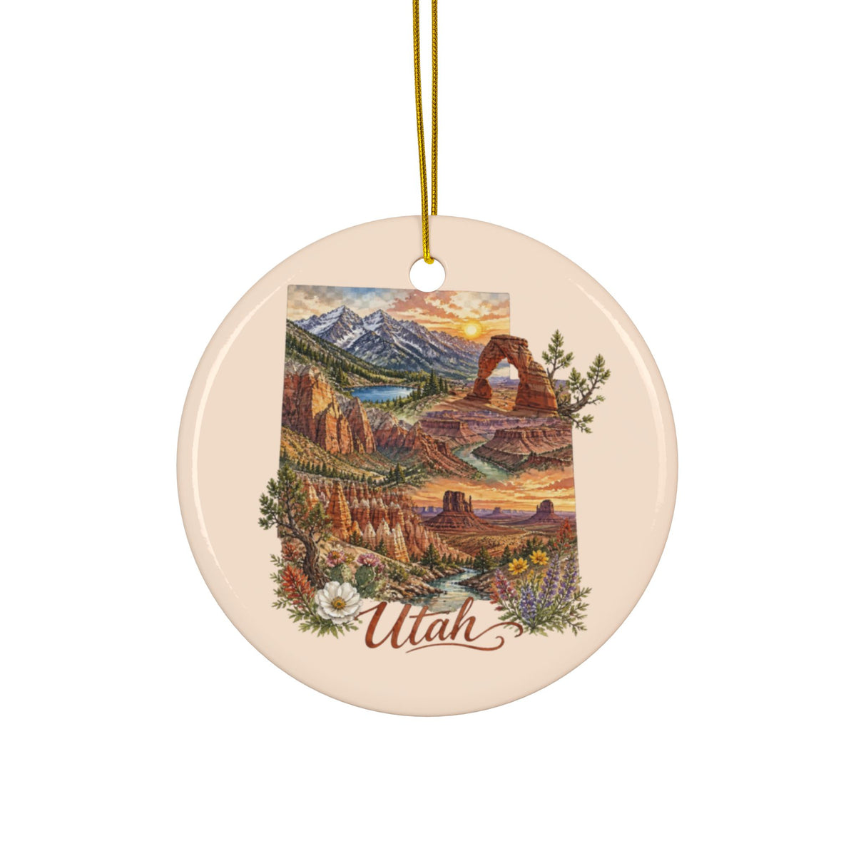 Utah Landscape Ornament | Ceramic Round Ornament, Two-Sided Print - 2.99" Includes Gold String